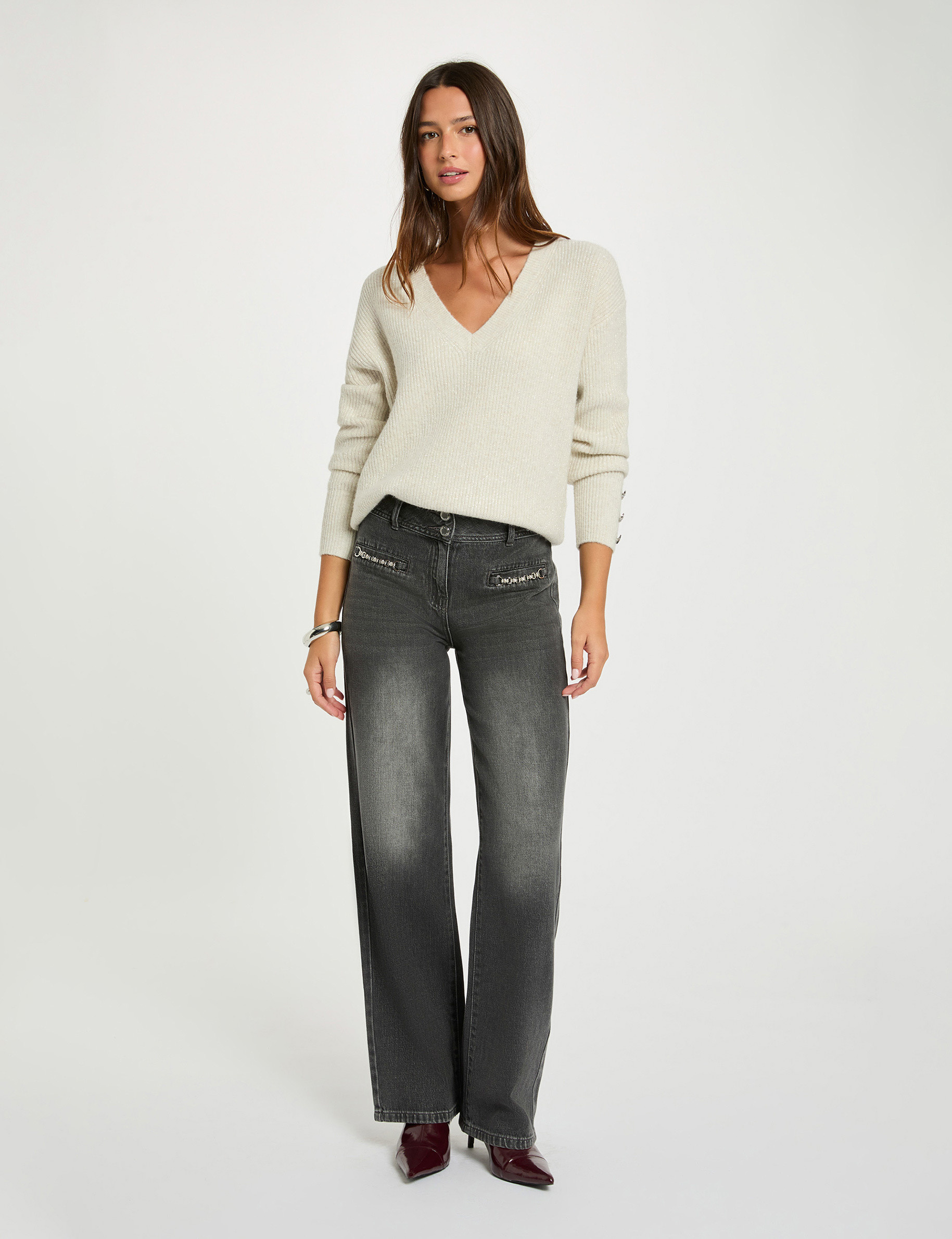 Pull col en V oversize ivoire femme