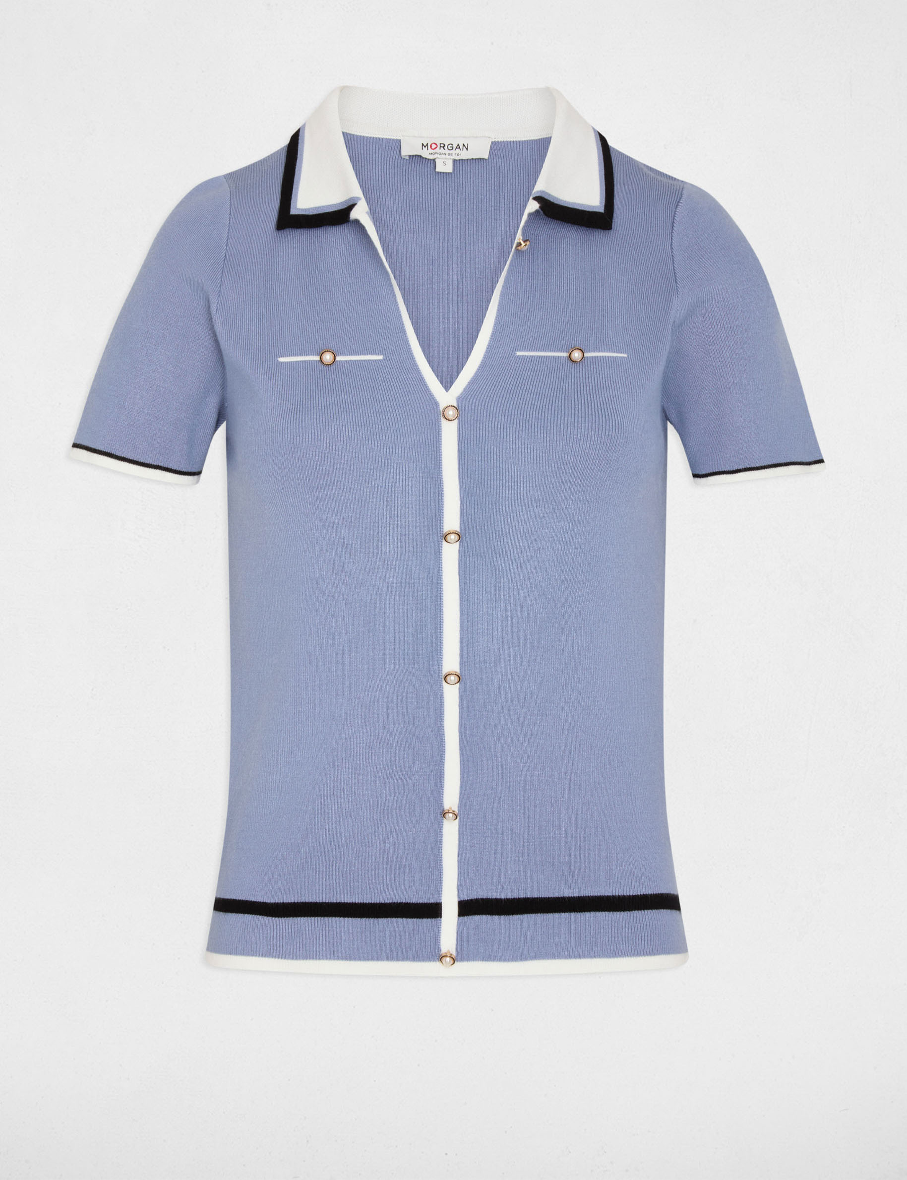 Pull col polo manches courtes bleu femme