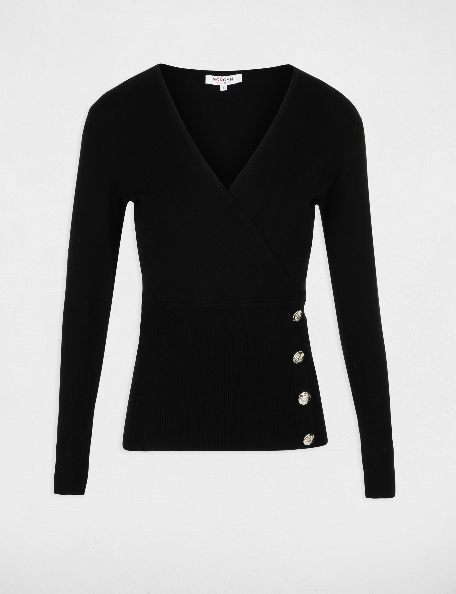 Pull manches longues &agrave; col effet crois&eacute; noir femme