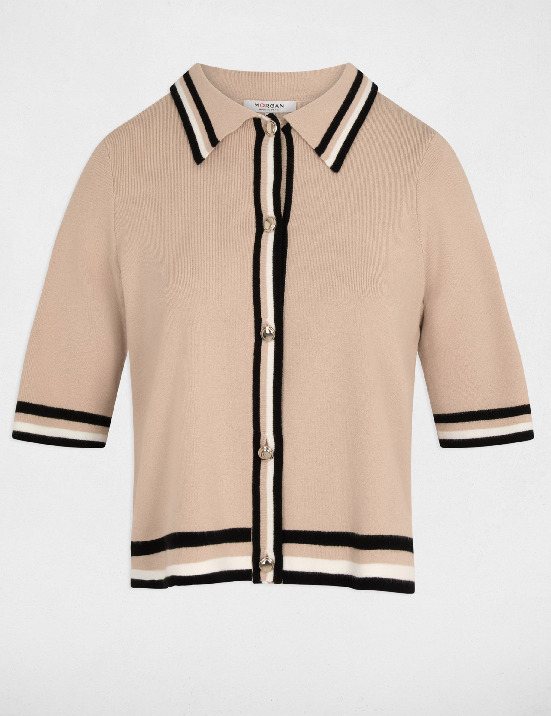 Gestreepte trui met korte mouwen beige vrouw