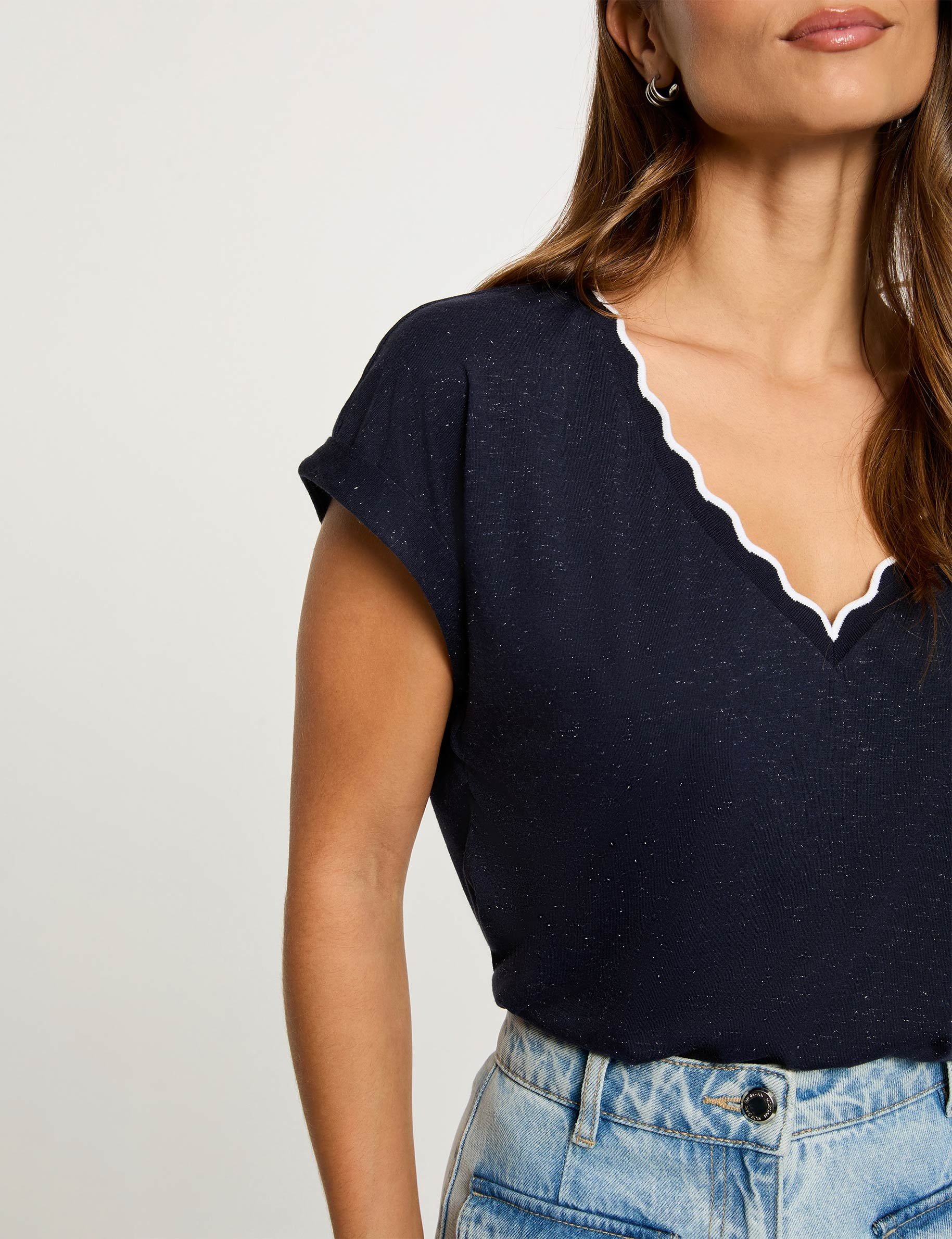 V-hals T-shirt met korte mouwen marineblauw vrouw