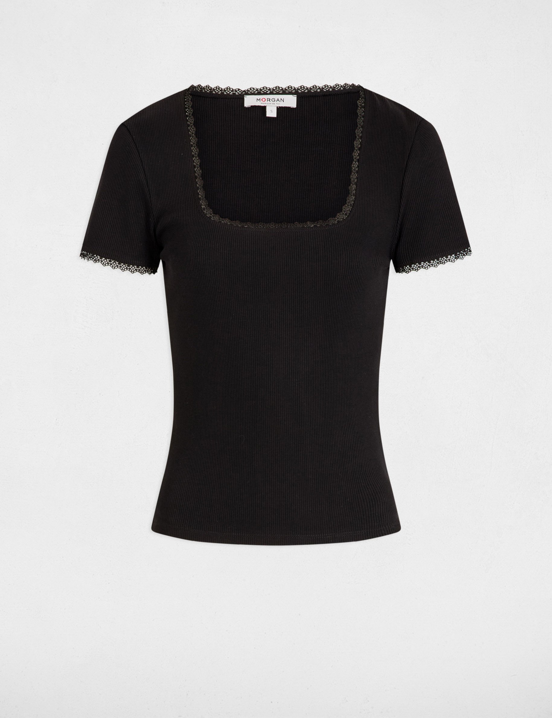 t shirt manches courtes cotele noir femme T-shirt manches courtes côtelé noir femme
