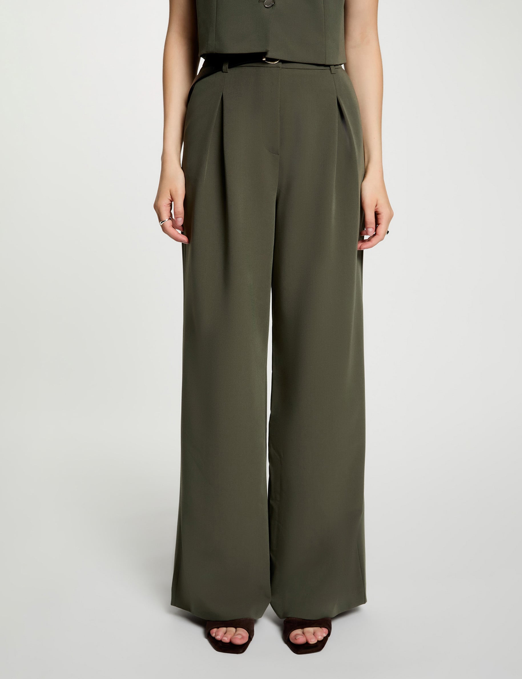Pantalon large taille haute vert kaki femme
