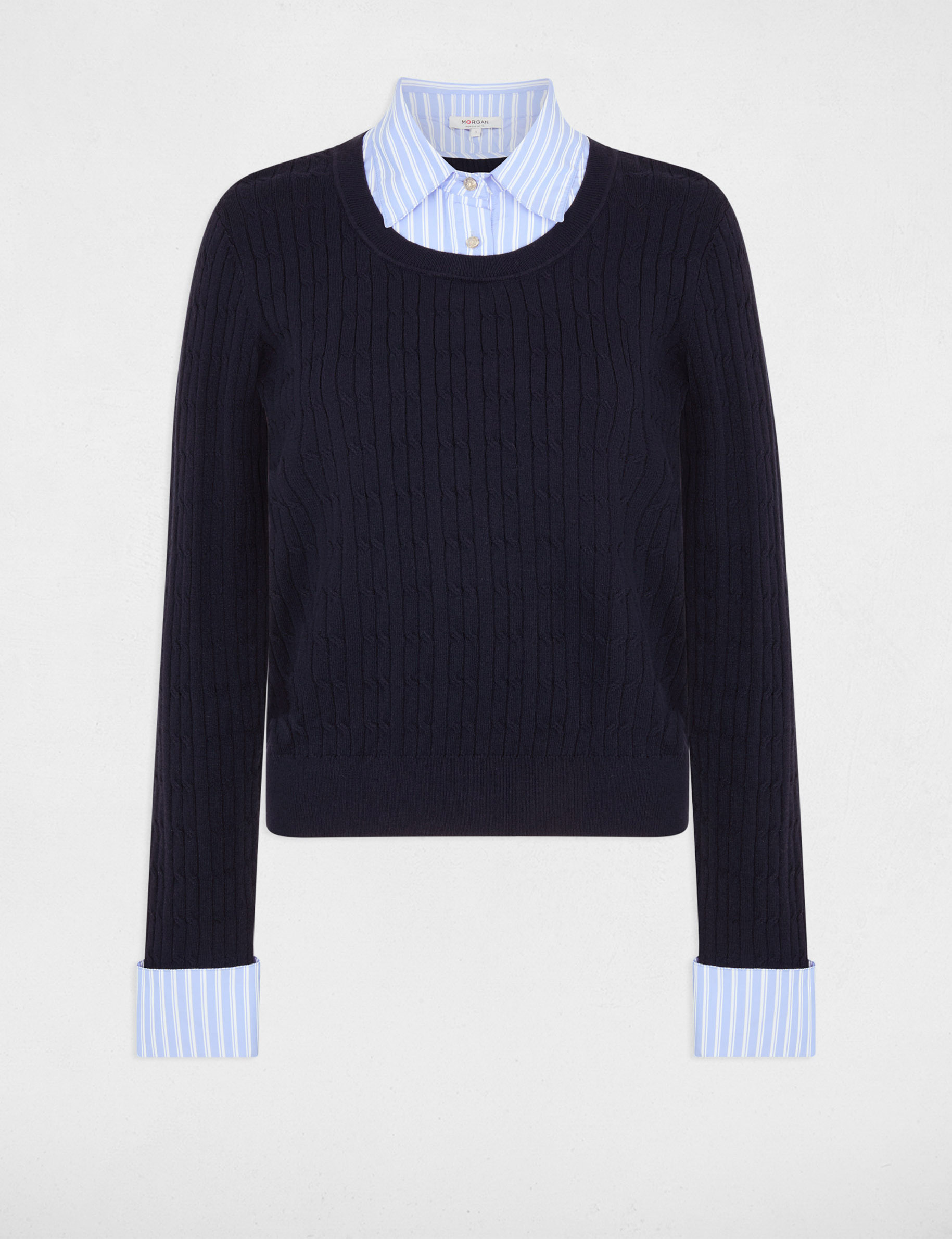 Pull col chemise bleu marine femme