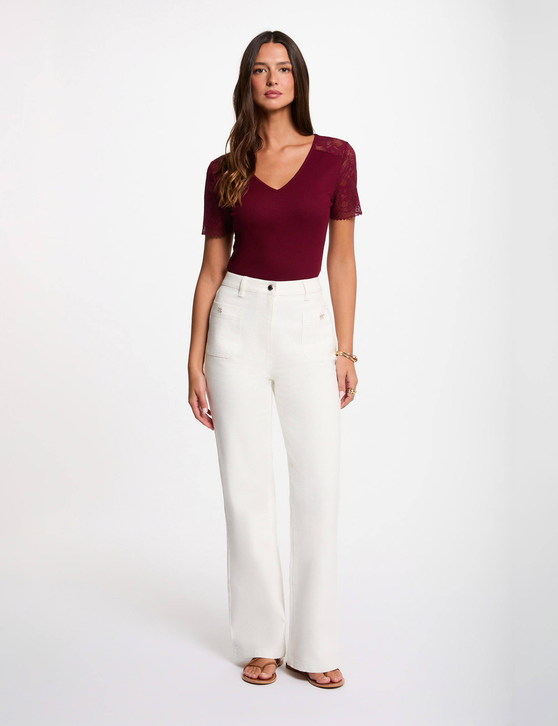Kant T-shirt met V-hals bordeaux vrouw