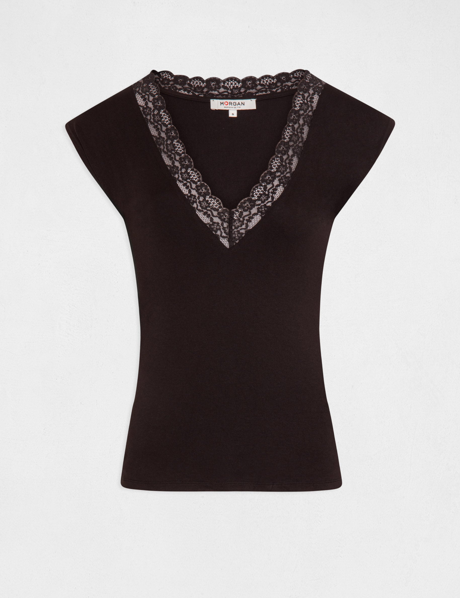 T-shirt manches courtes &agrave; dentelle noir femme