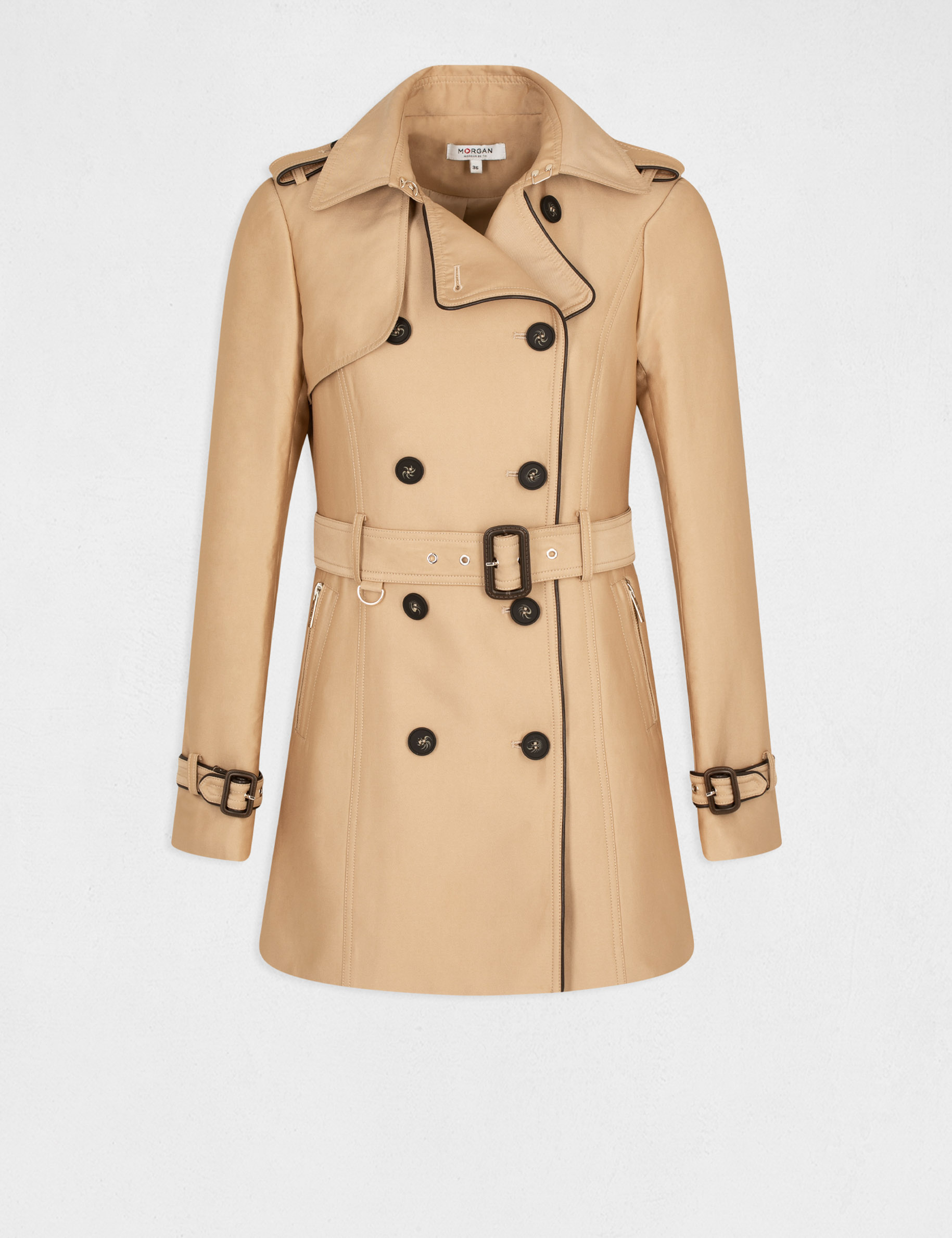 Rechte trenchcoat met knopen en ceintuur beige vrouw