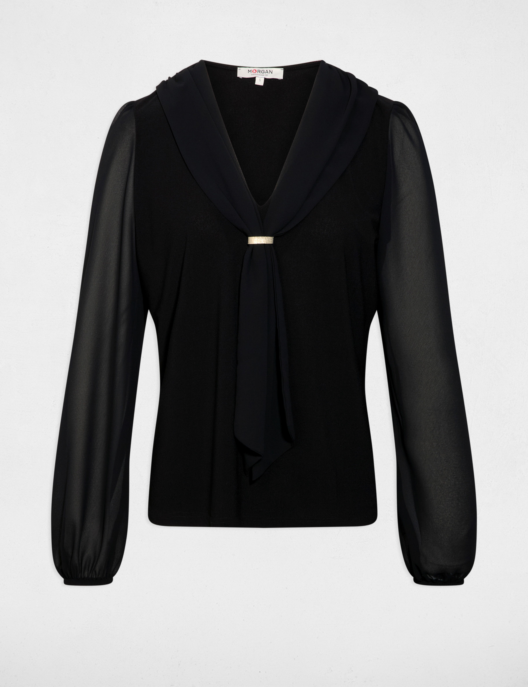 T-shirt voile col lavallière noir femme