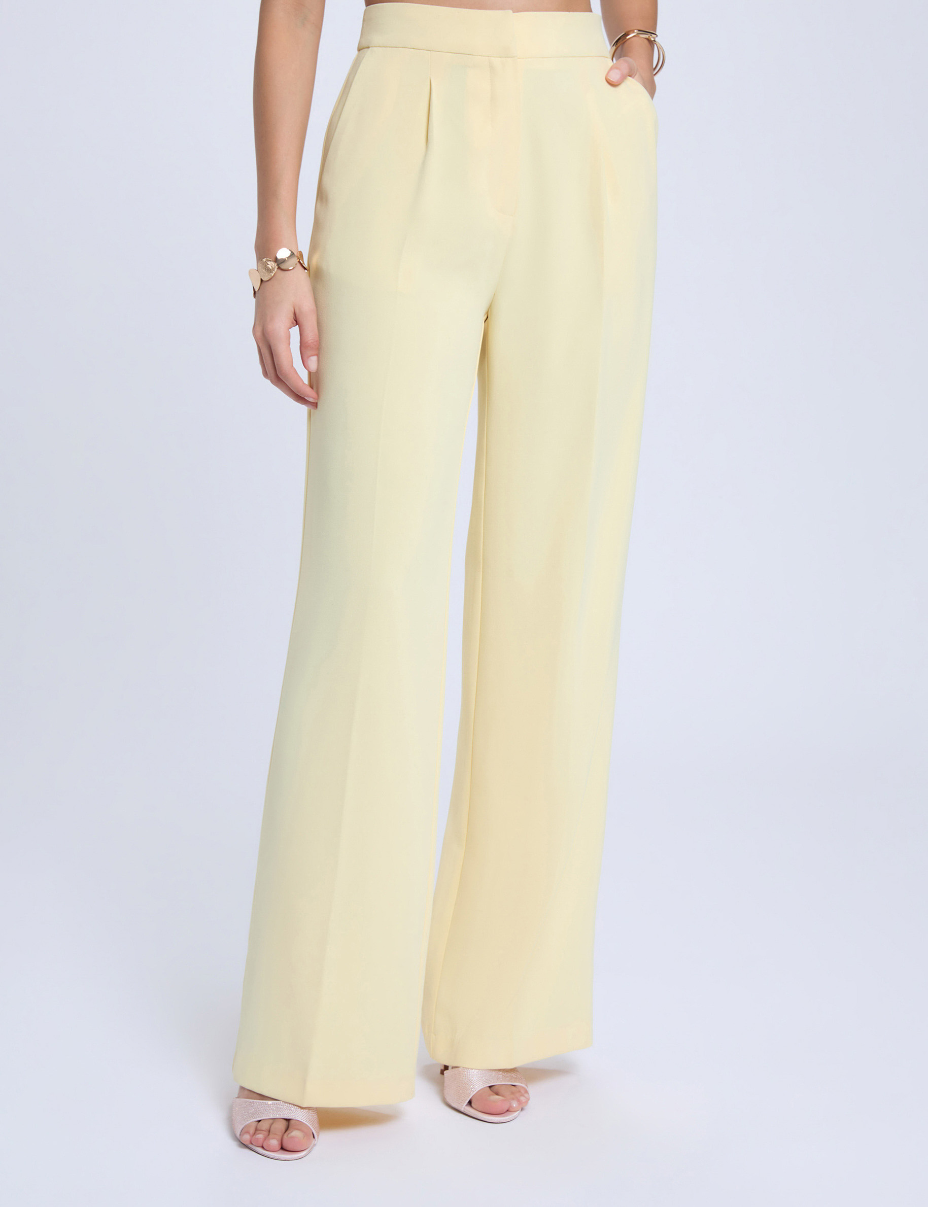 Pantalon large taille haute jaune clair femme