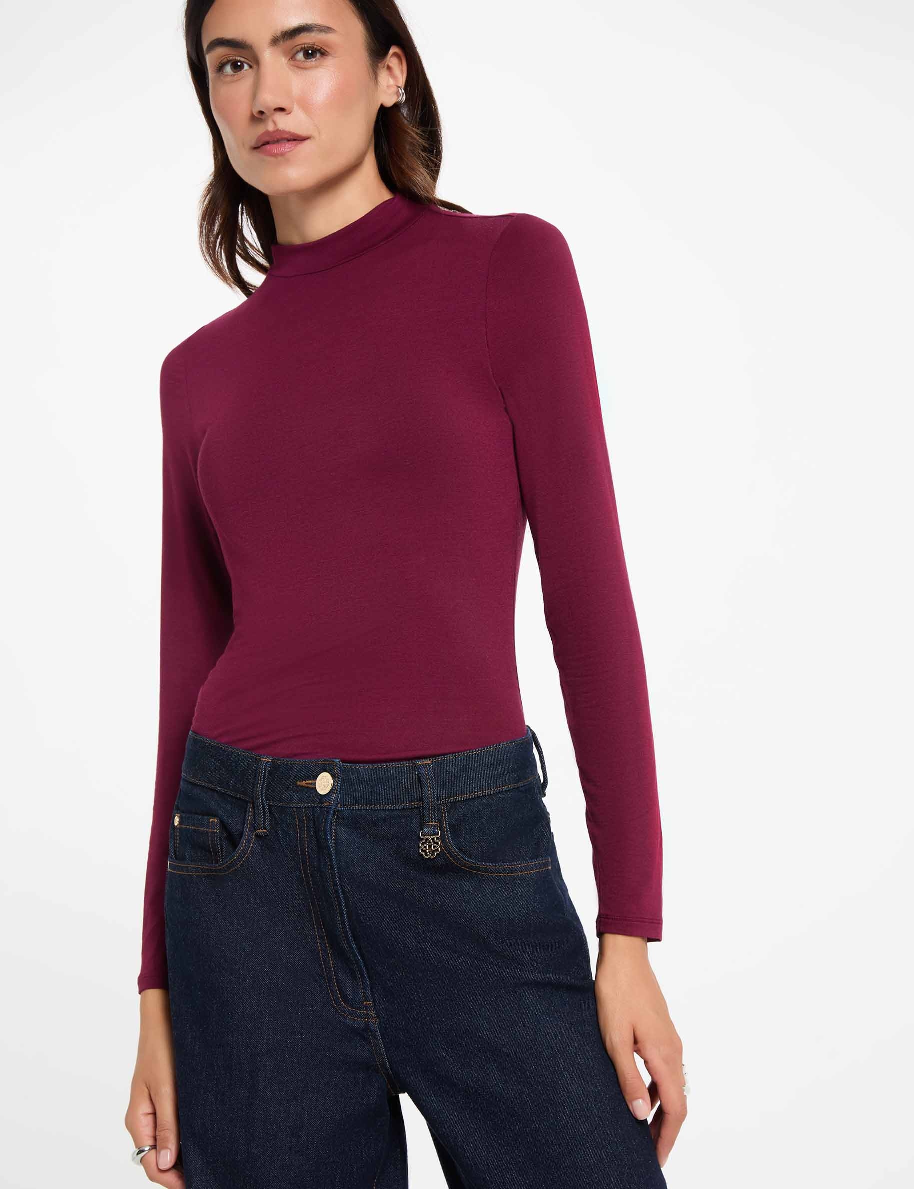 T-shirt col montant manches longues prune femme