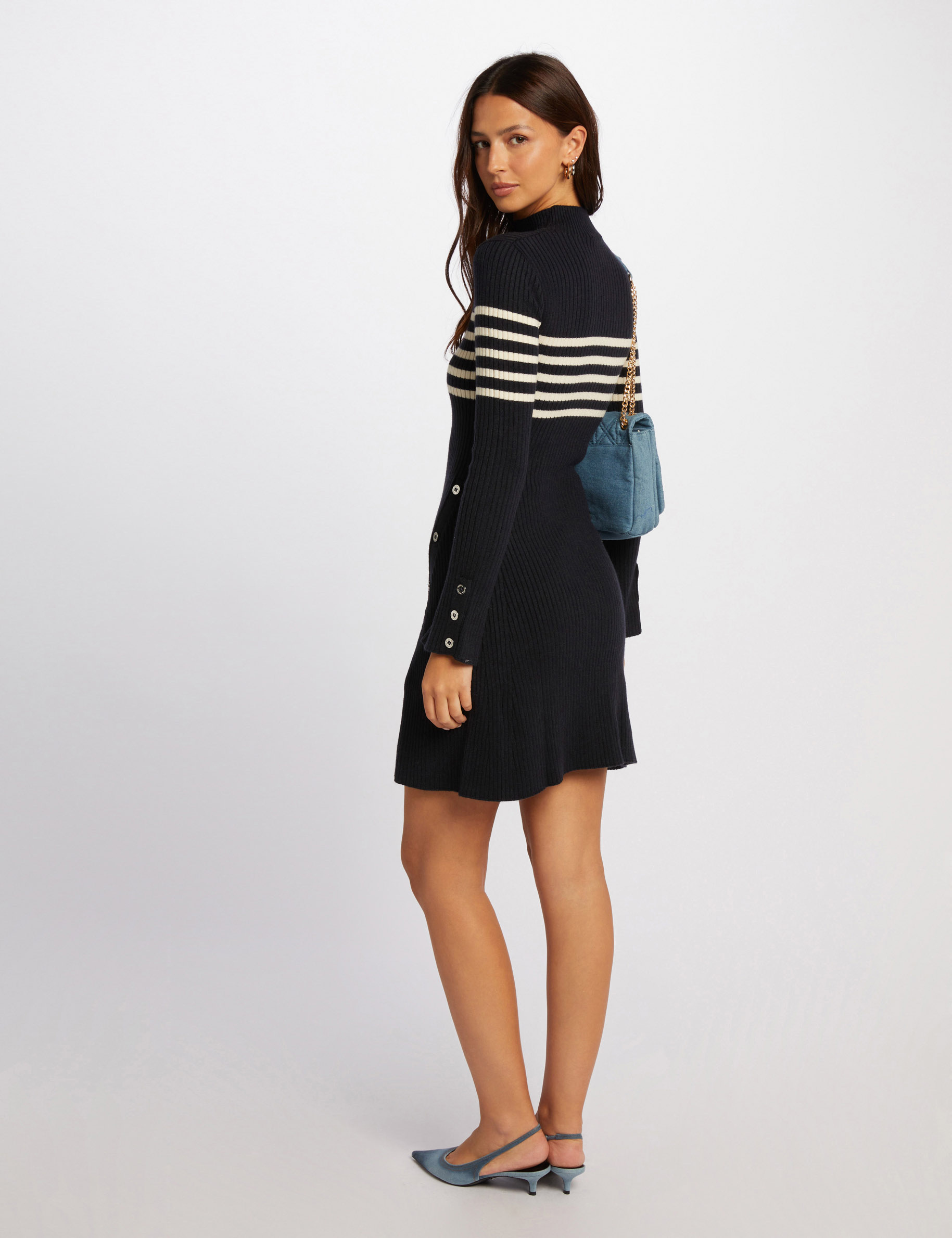 Robe tricot courte trap&egrave;ze bleu marine femme