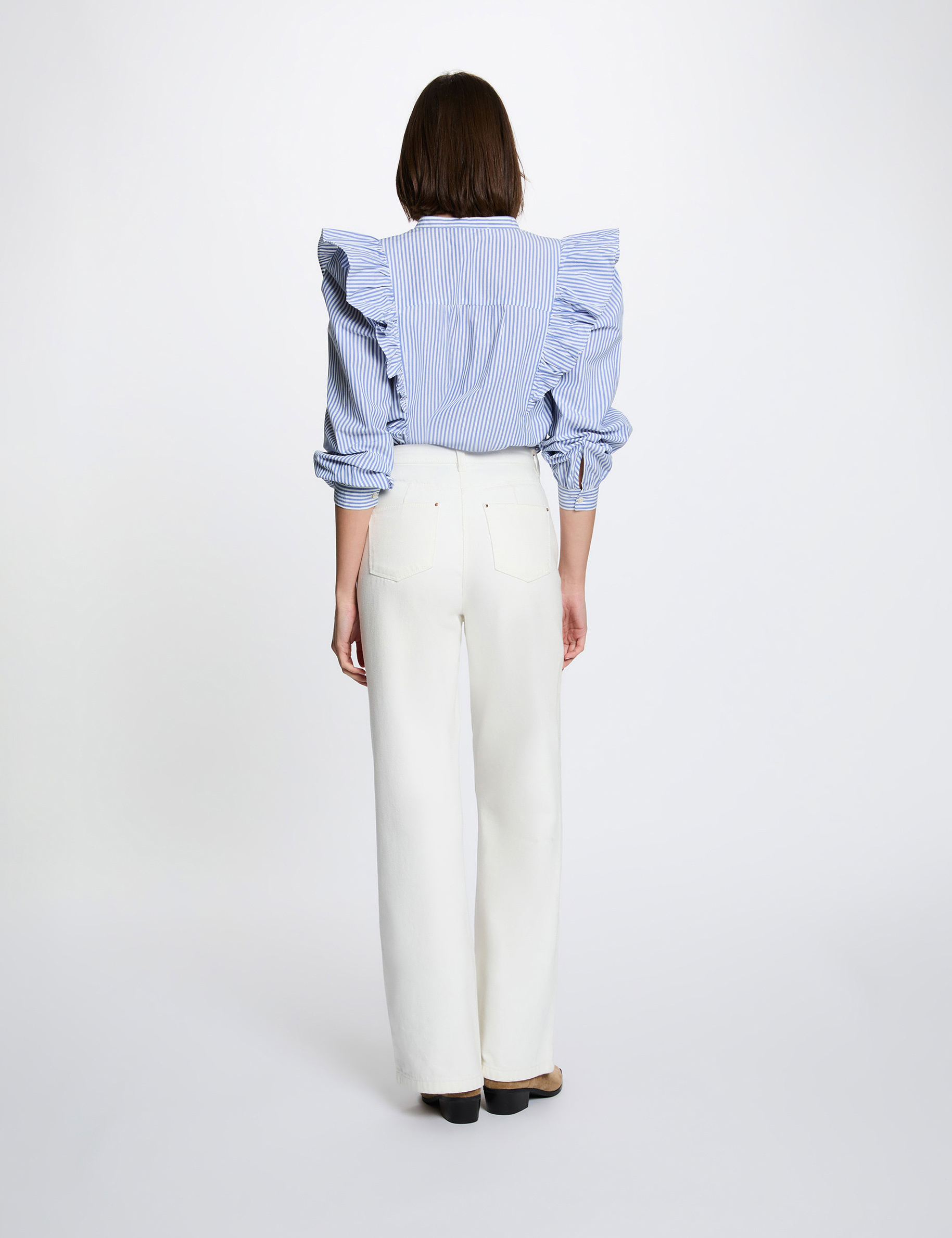 Chemise ray&eacute;e col mao bleu ciel femme