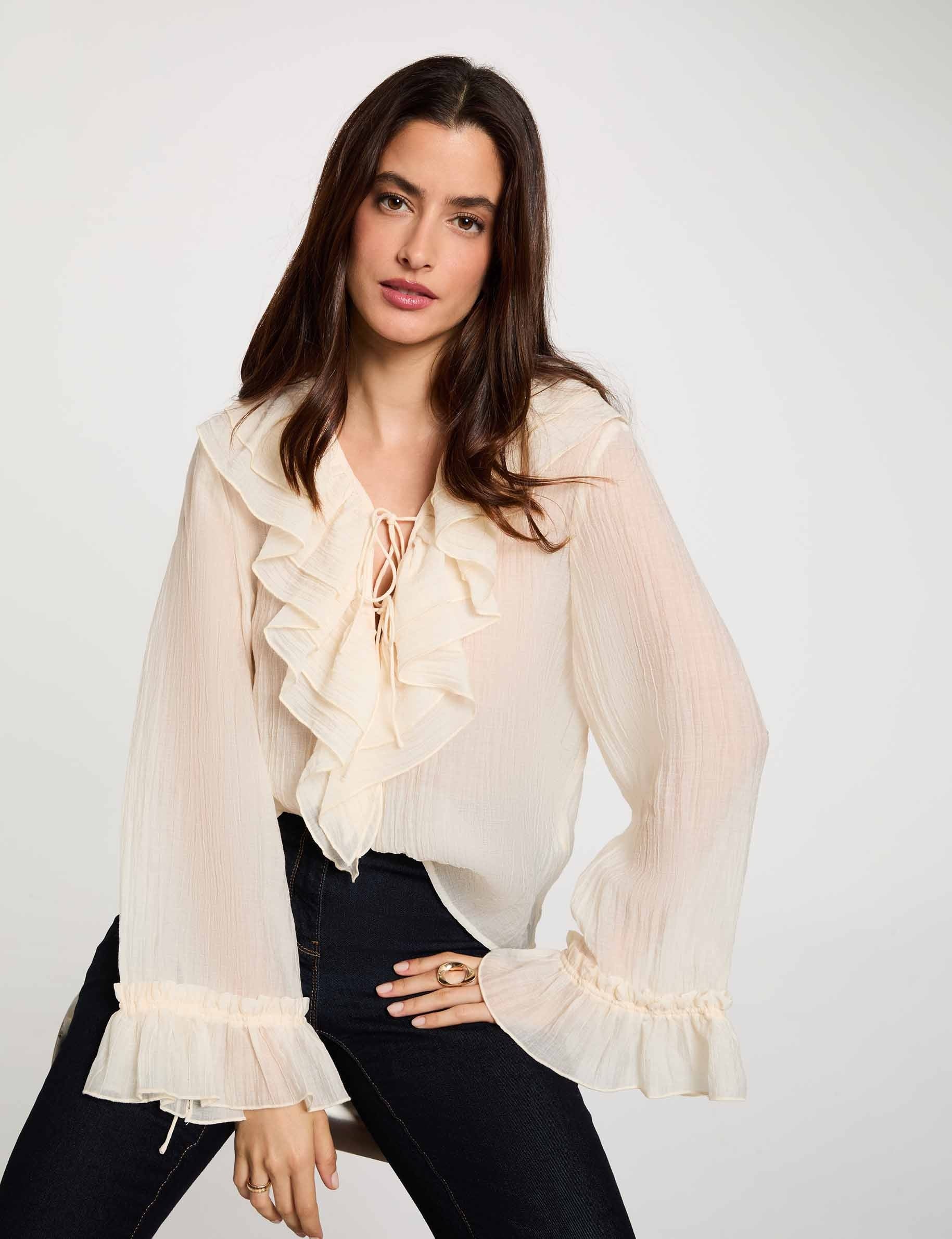 Geplooide V-hals blouse ivoor vrouw