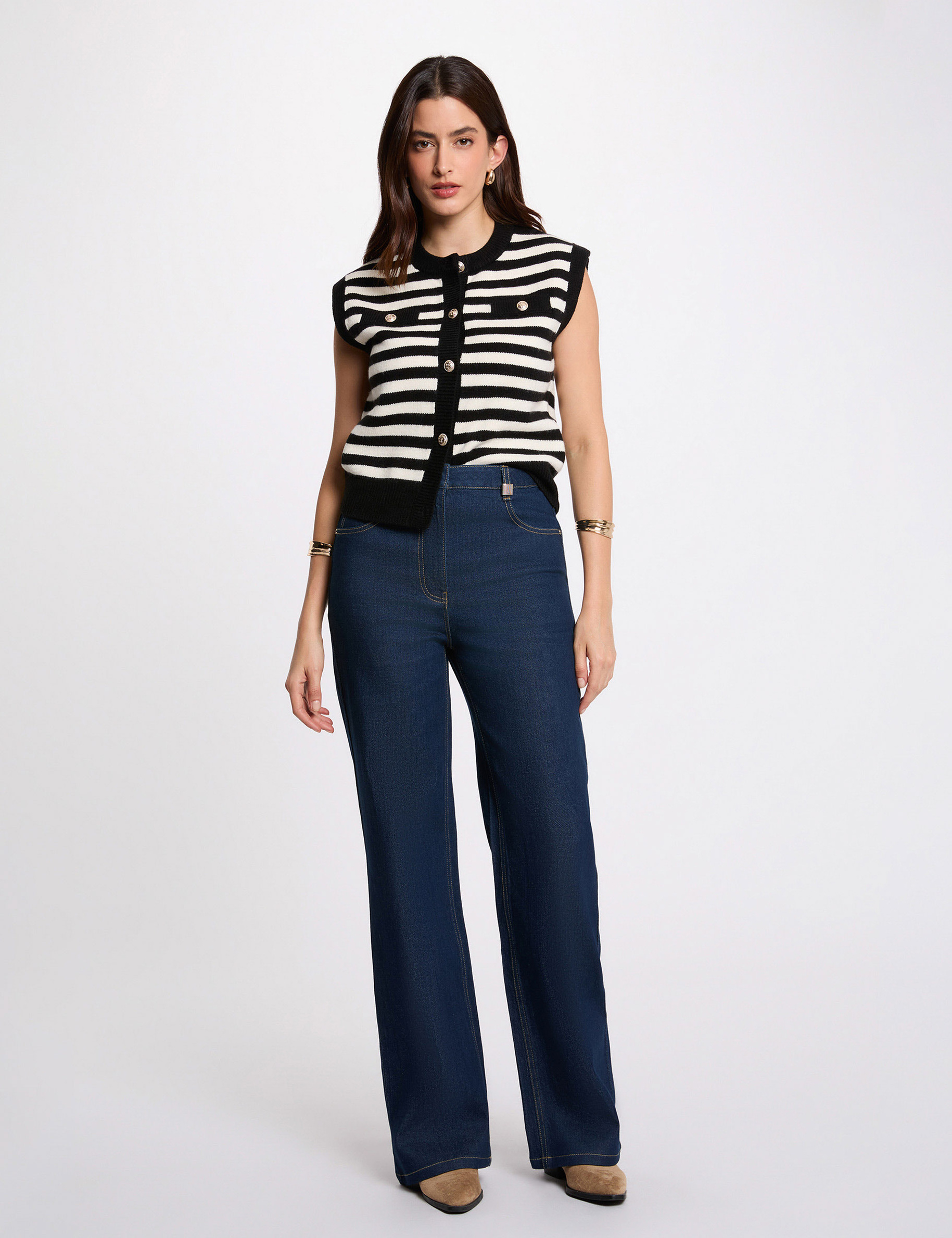 Gilet ray&eacute; sans manches ivoire femme