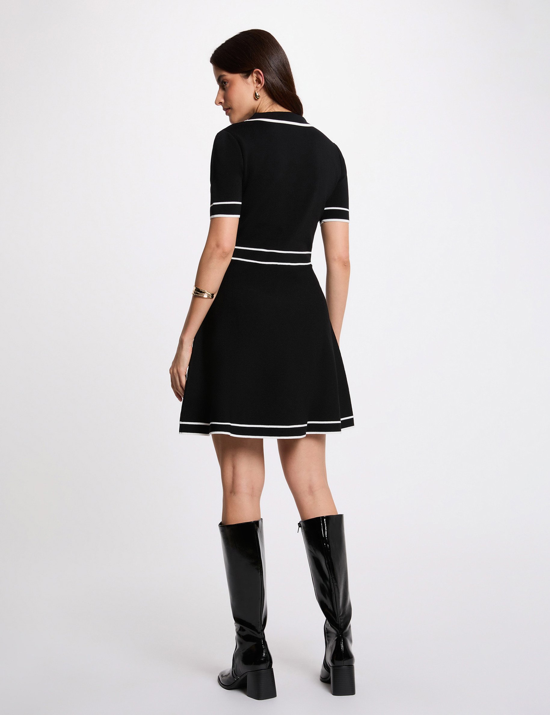 Robe tricot courte col &agrave; revers noir femme