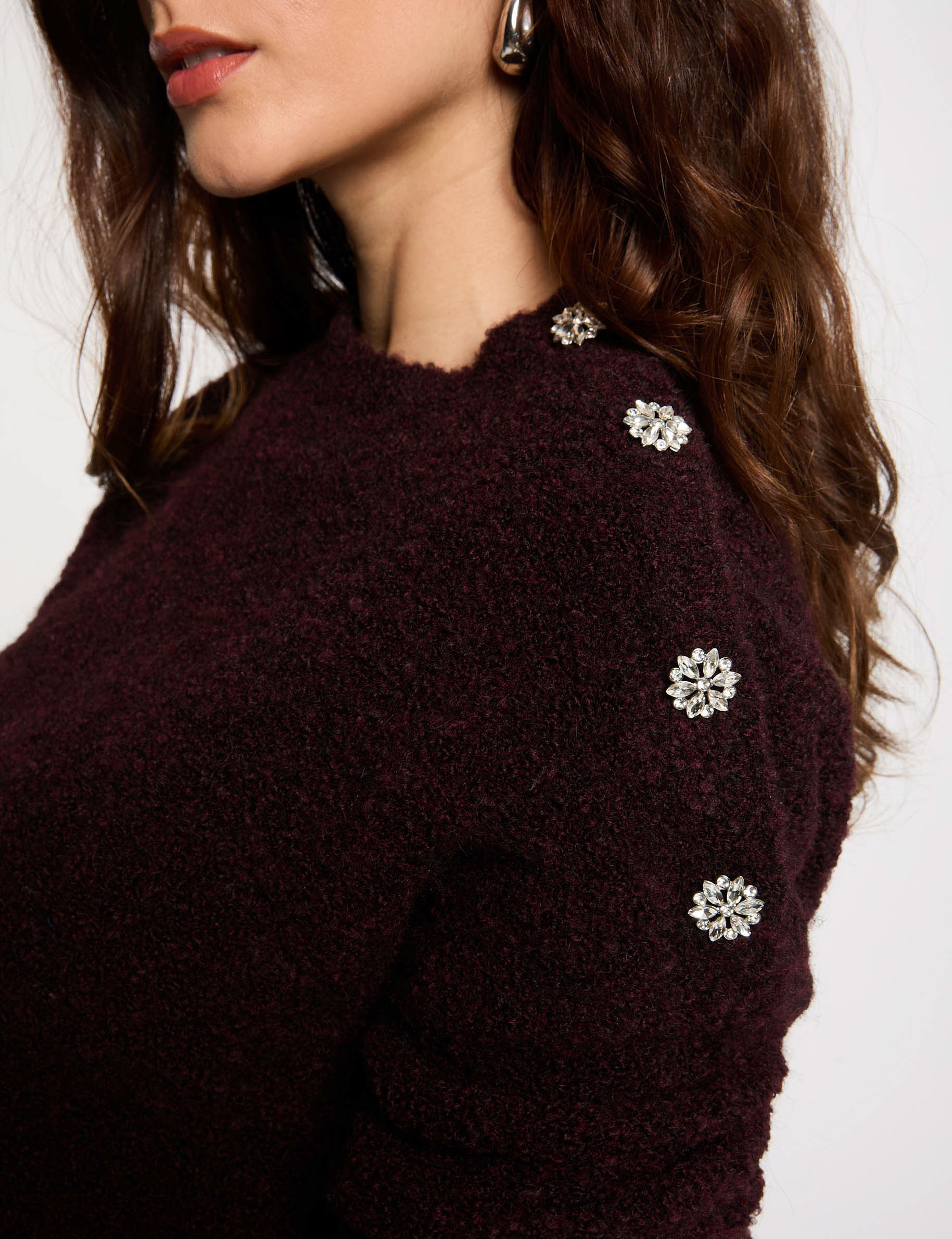 Pull col montant et boutons prune femme