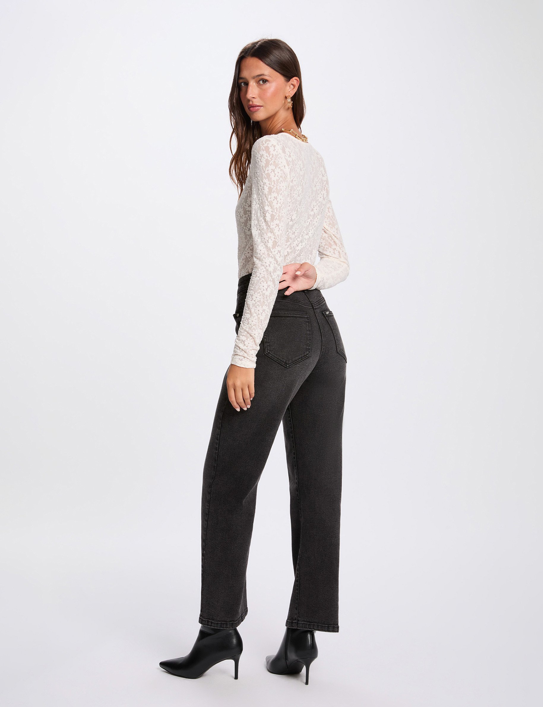 Getailleerd kanten T-shirt ivoor vrouw