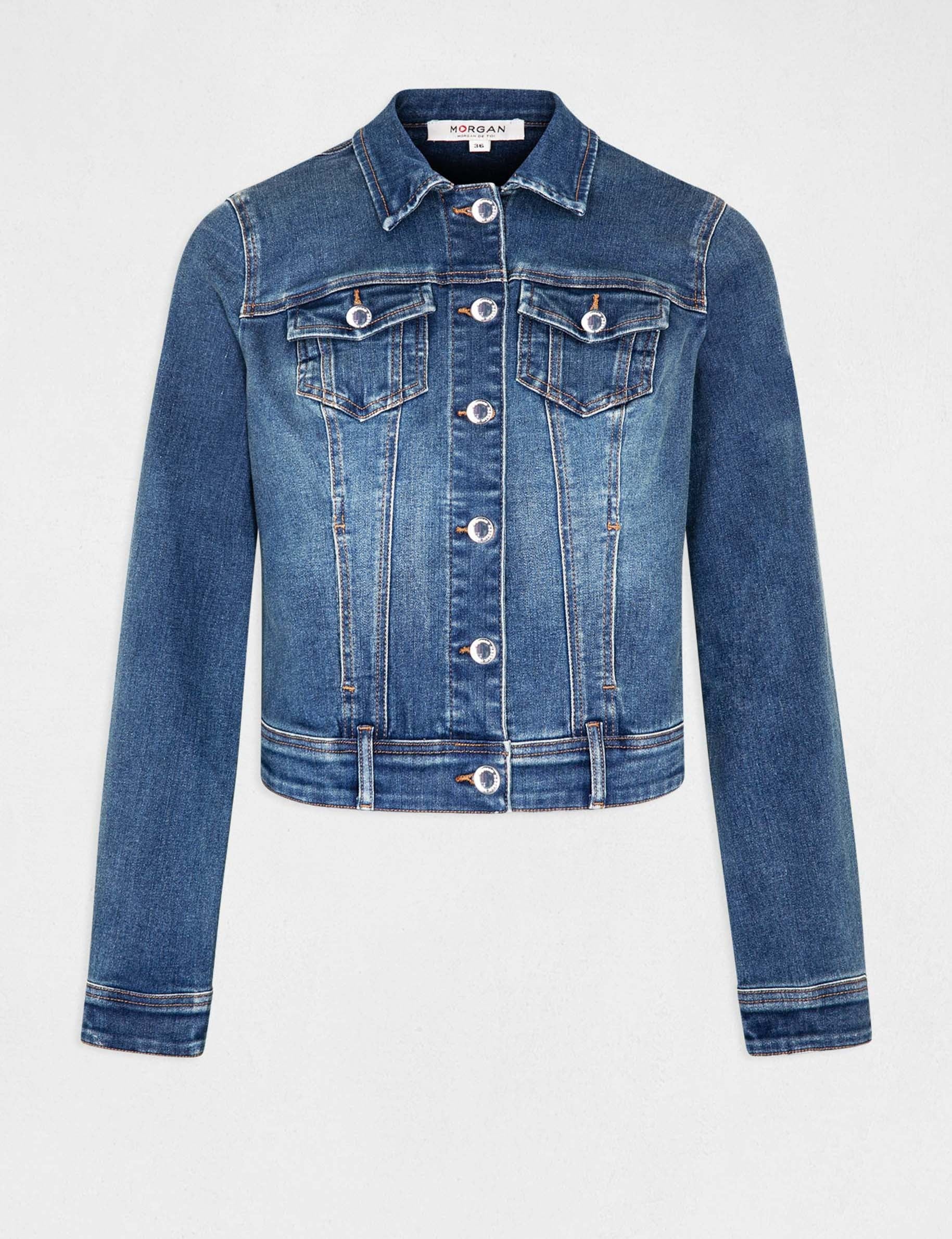 Veste droite boutonn&eacute;e en jean denim stone femme