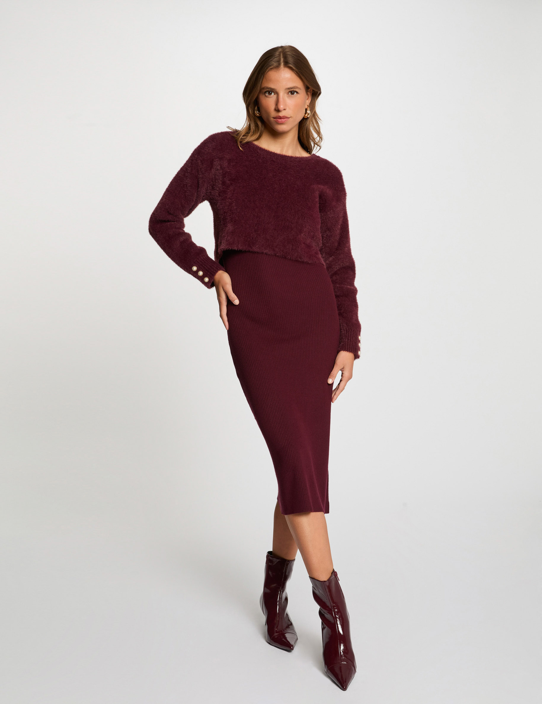 Robe tricot midi ajust&eacute;e 2-en-1 prune femme
