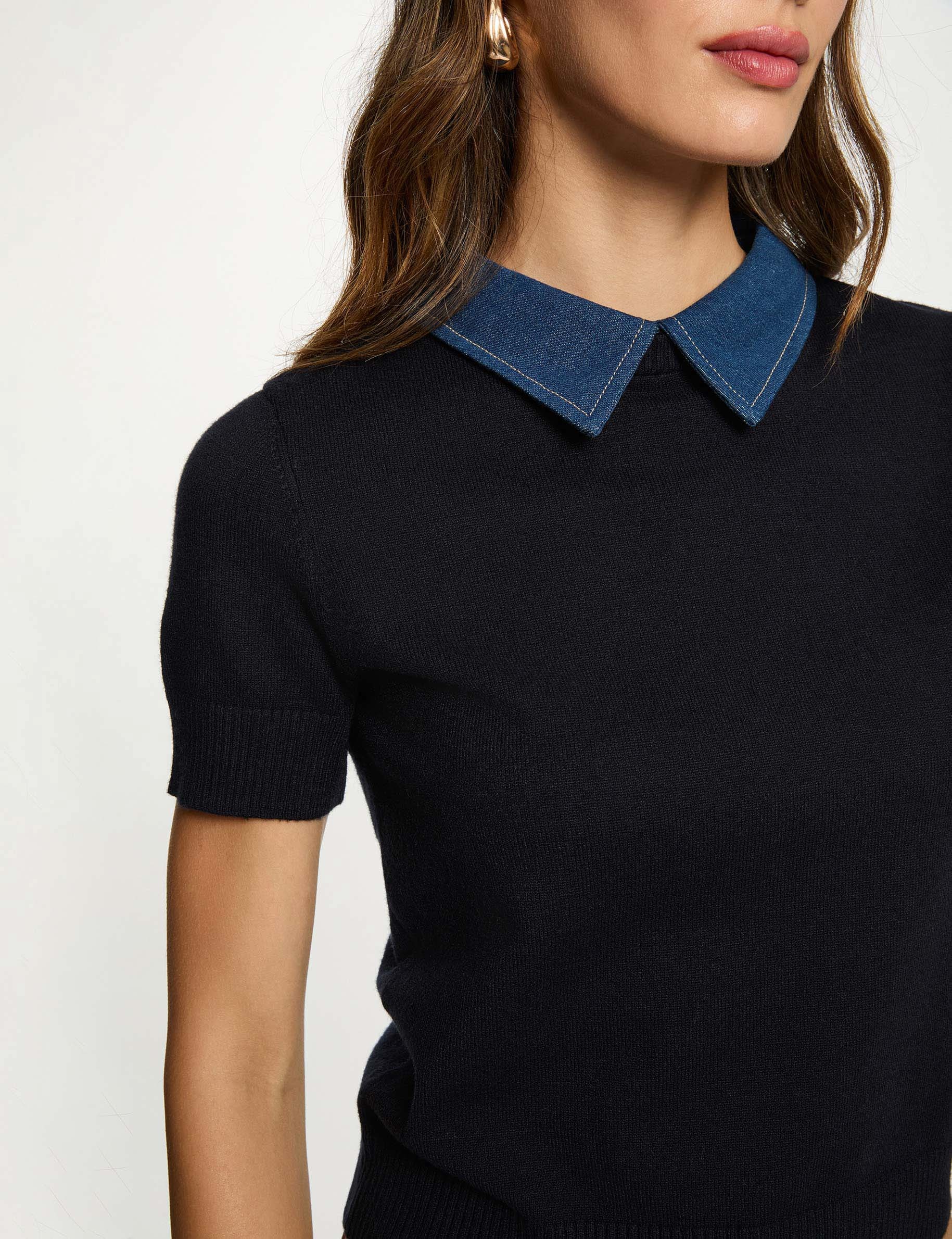 pull court col chemise bleu marine femme Pull court col chemise bleu marine femme