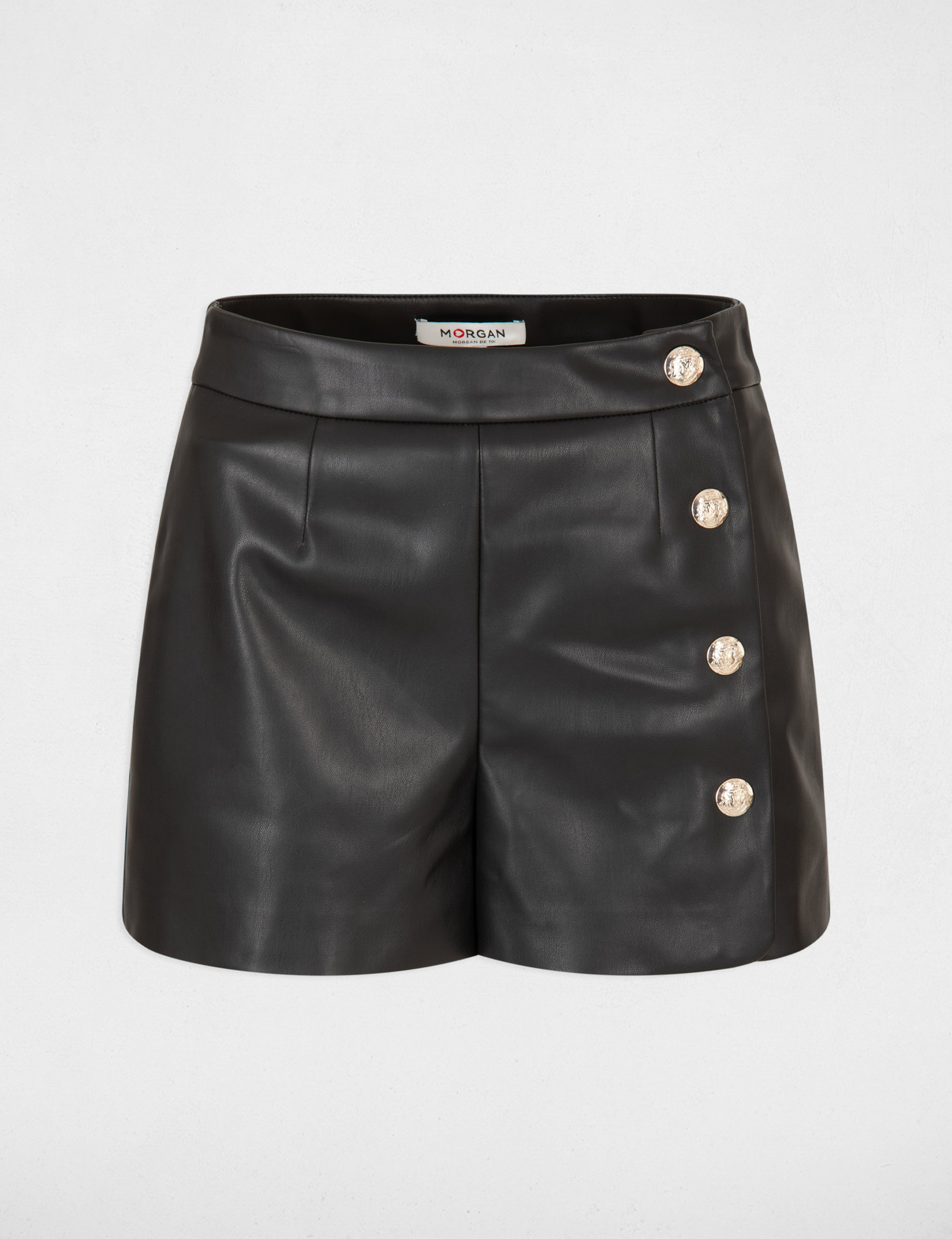 Oversized imitatieleren short met knopen zwart vrouw