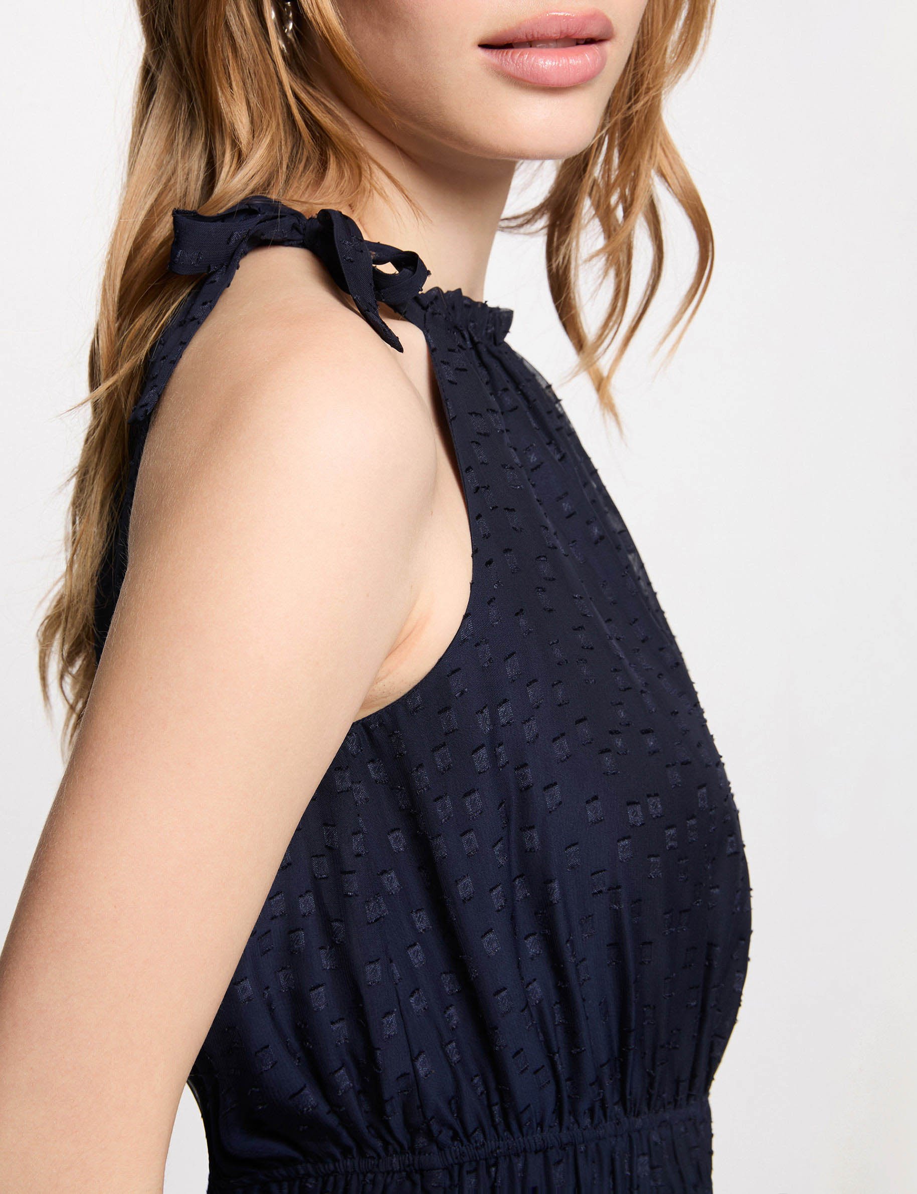 Jurk van voile met fijne bandjes marineblauw vrouw