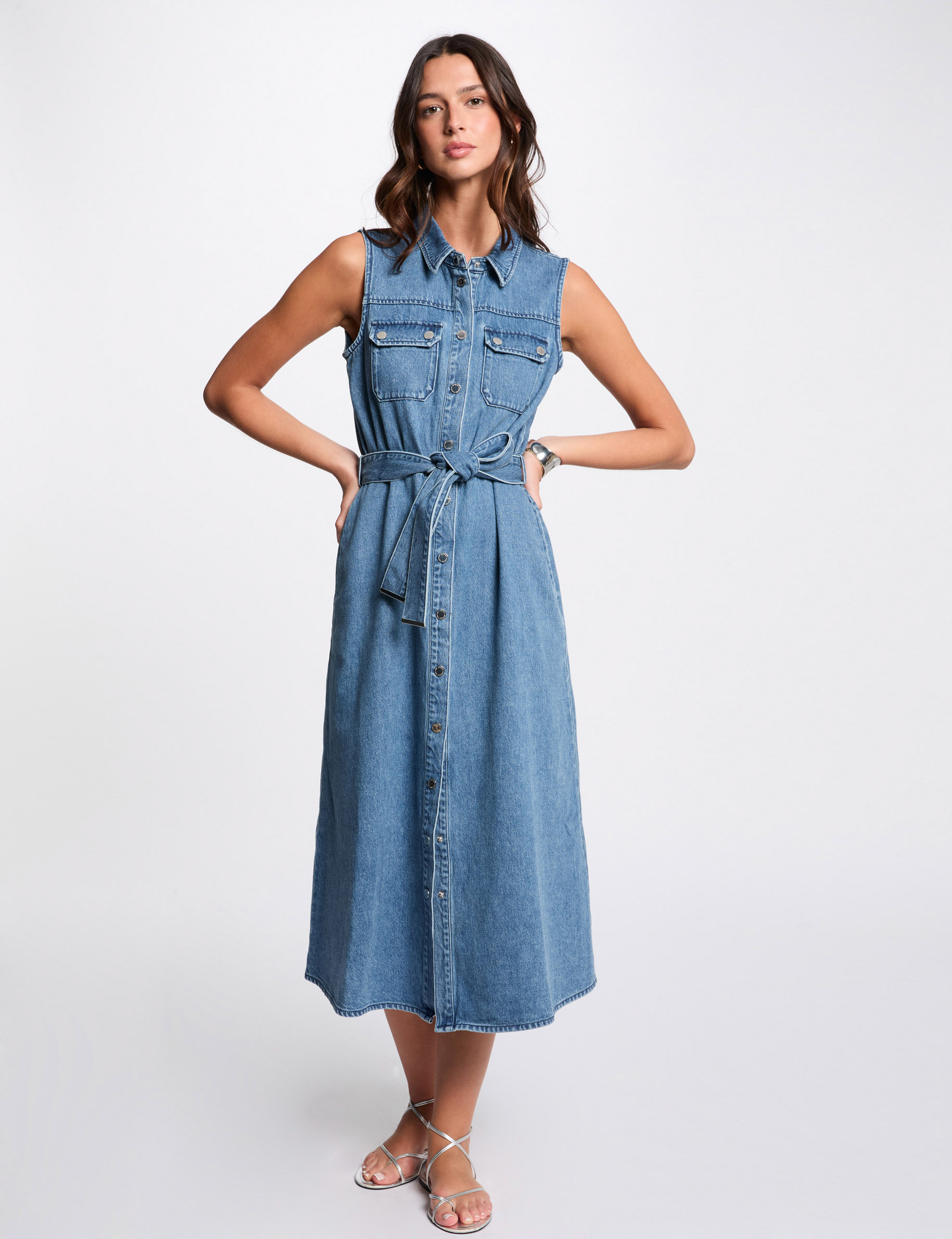 midi trapezejurk van denim stone washed denim vrouw Midi trapezejurk van denim stone washed denim vrouw