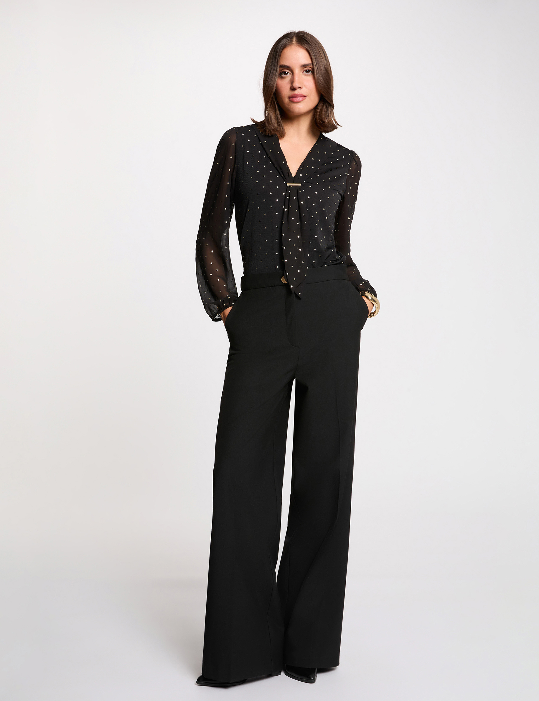 Pantalon large taille haute noir femme