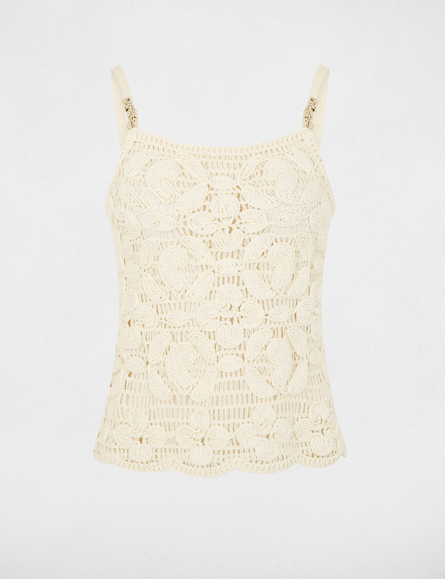 Nauwsluitende top met fijne bandjes licht beige vrouw