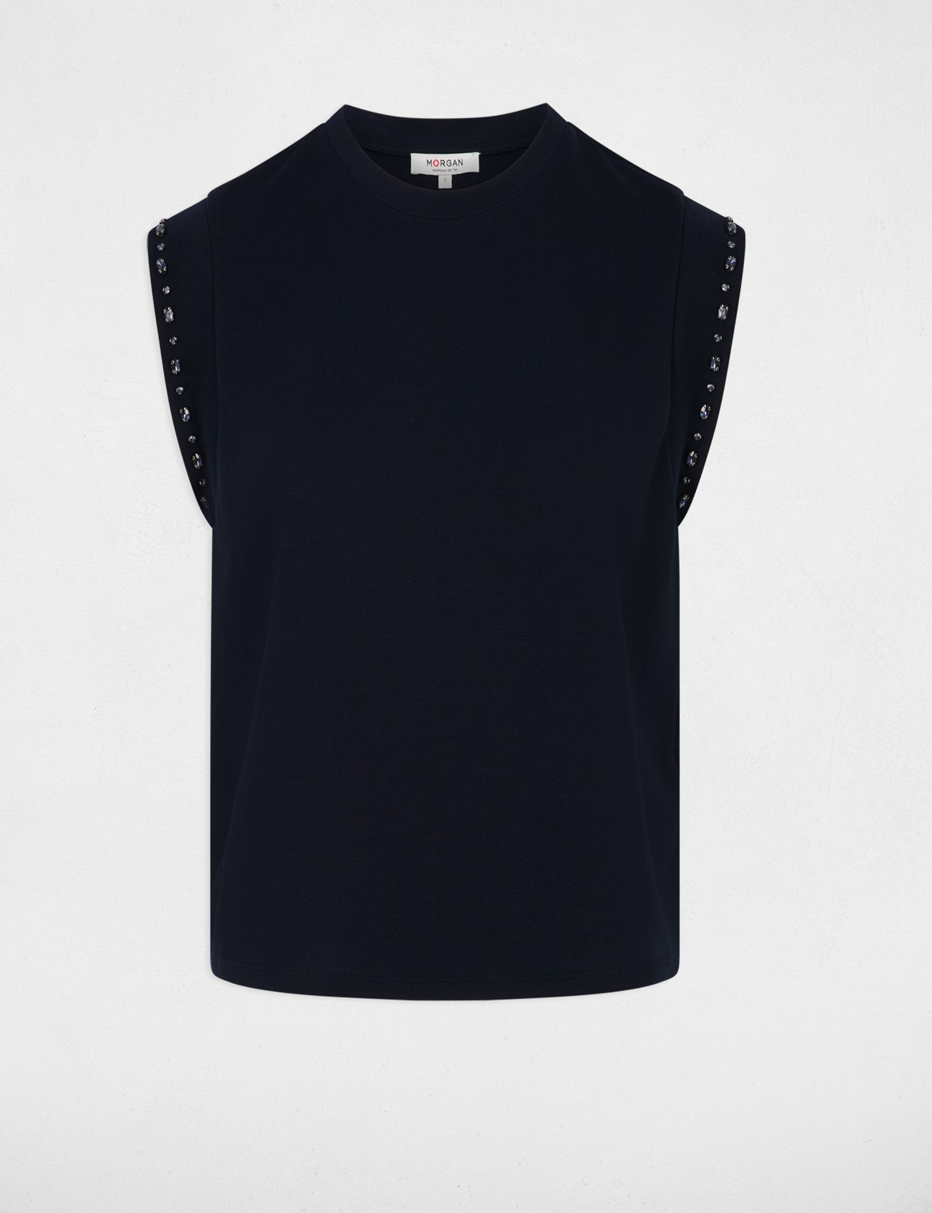 T-shirt col rond strass bleu marine femme