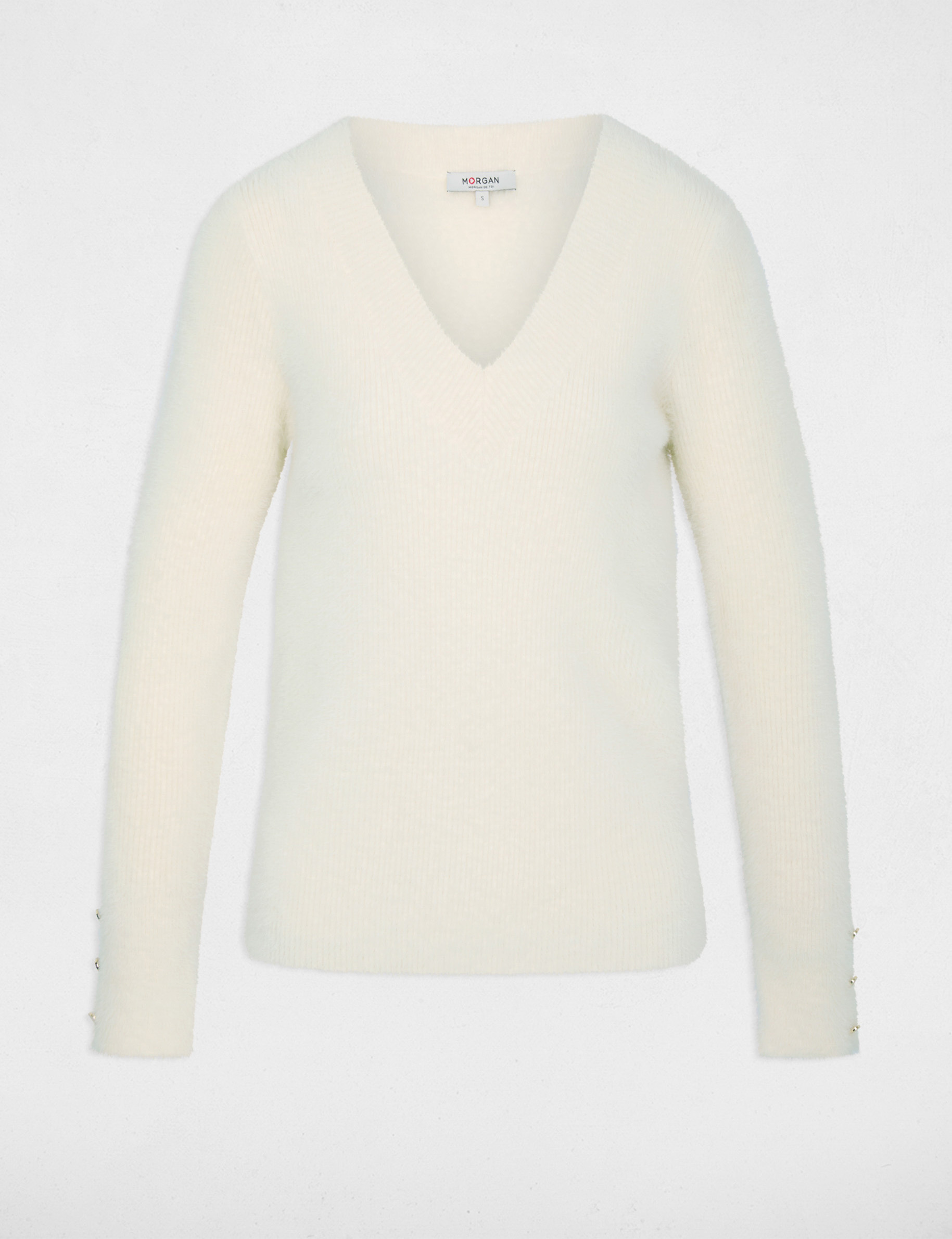 Pull col v manches longues ivoire femme