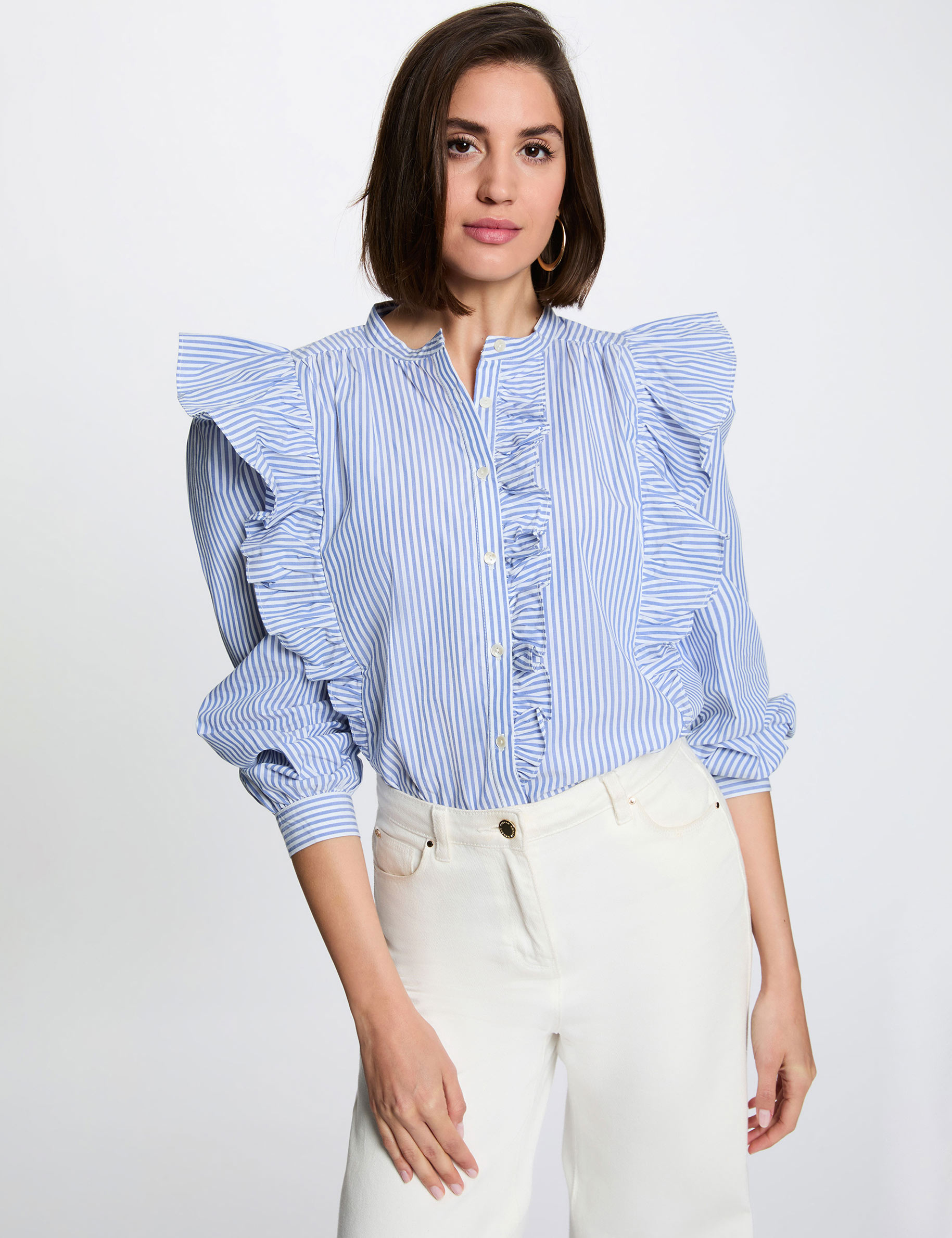 Chemise ray&eacute;e col mao bleu ciel femme