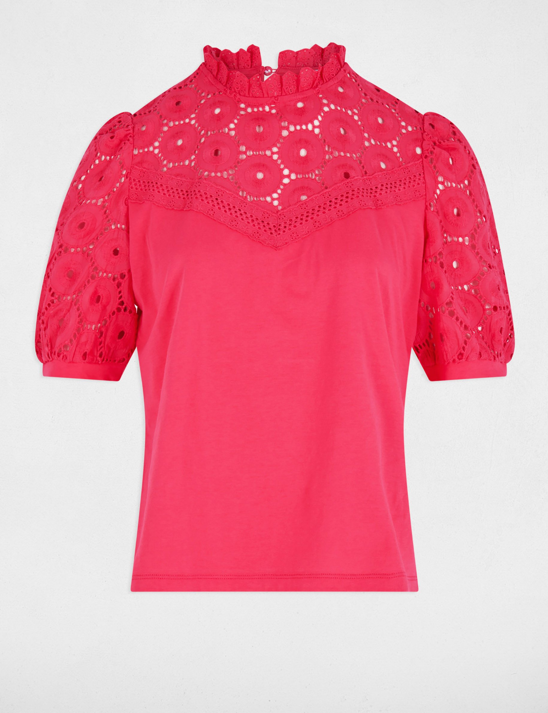 Geborduurd T-shirt met korte mouwen fuchsia roze vrouw