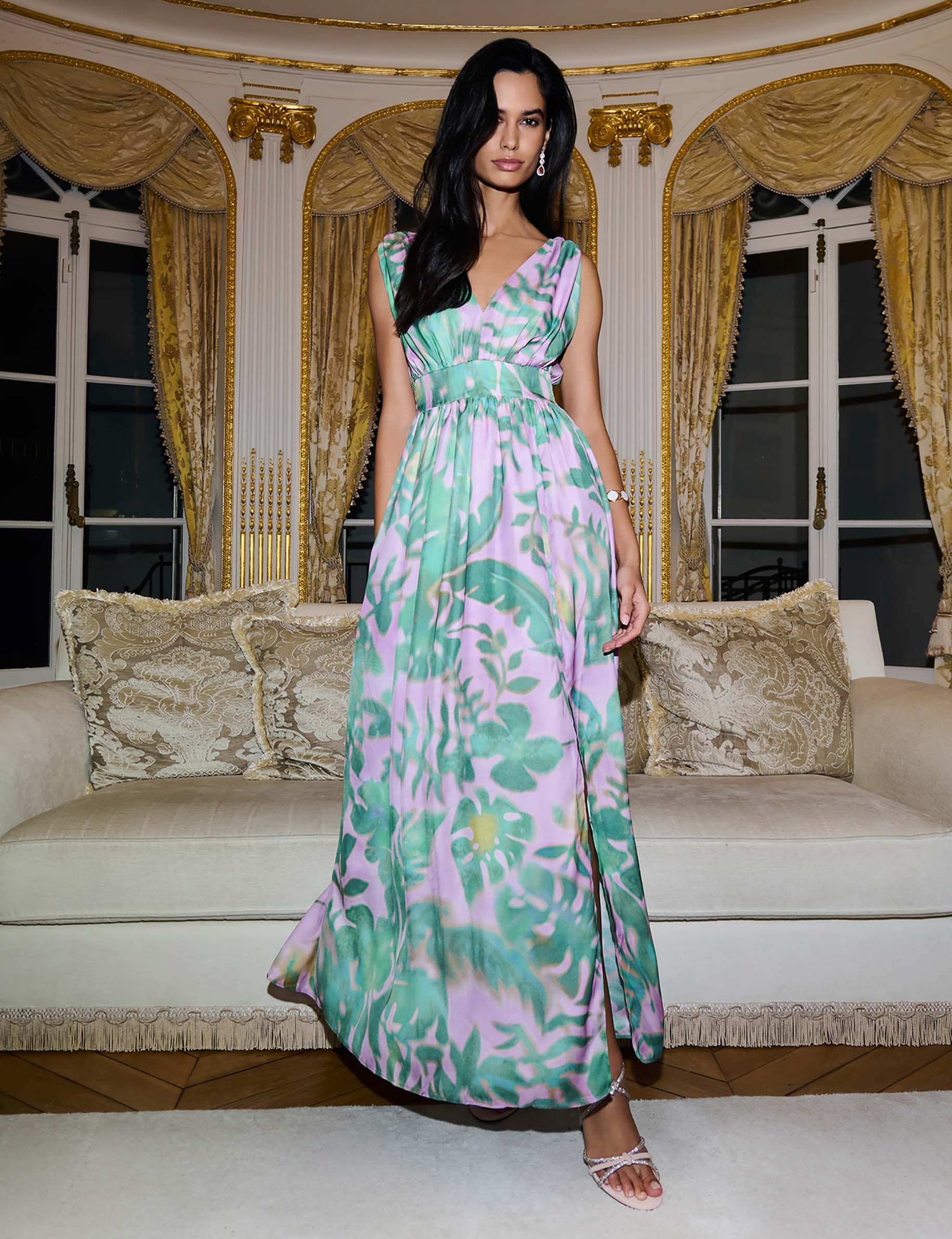 Lange jurk met V-hals meerkleurig vrouw