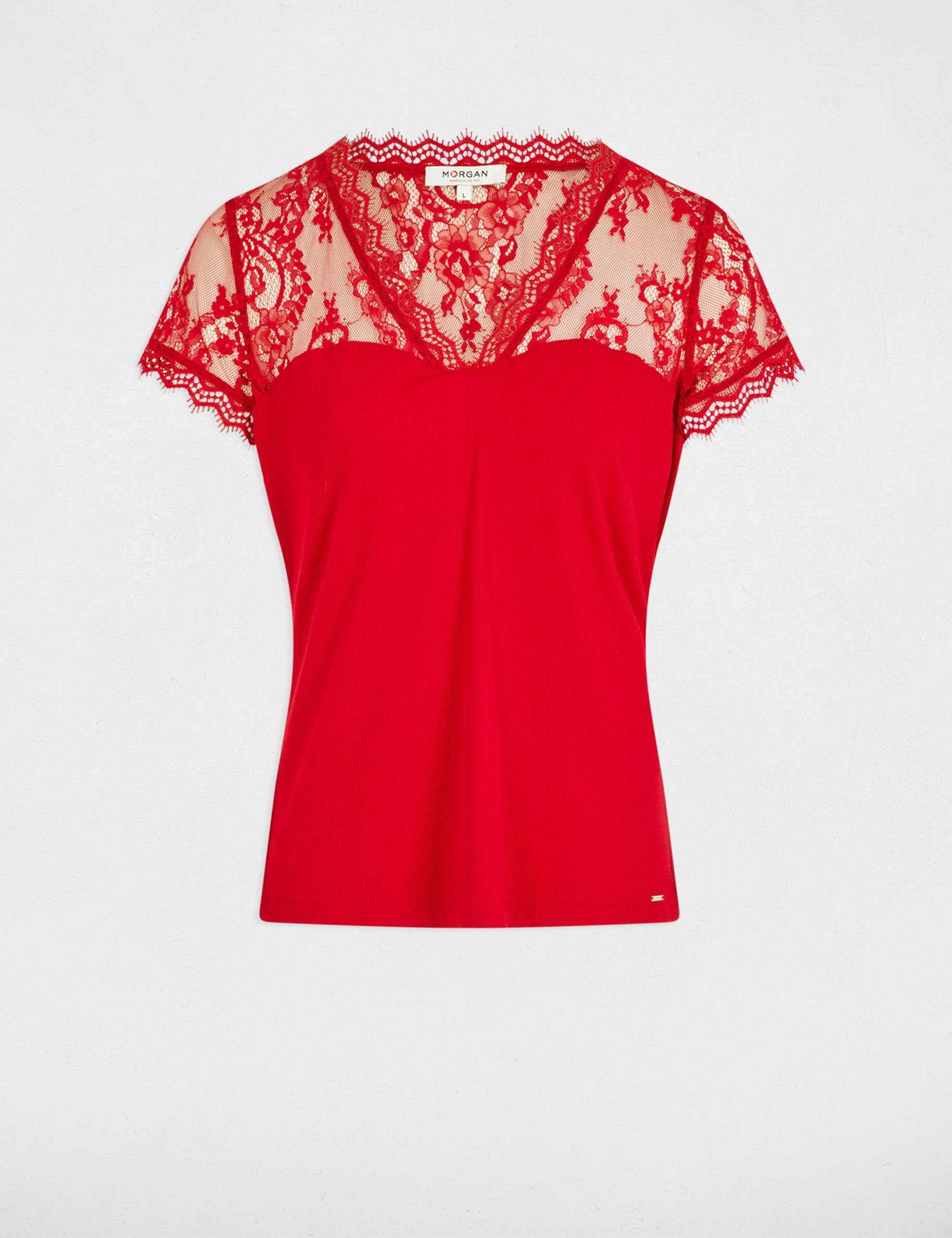 t shirt manches courtes a dentelle rouge femme T-shirt manches courtes à dentelle rouge femme