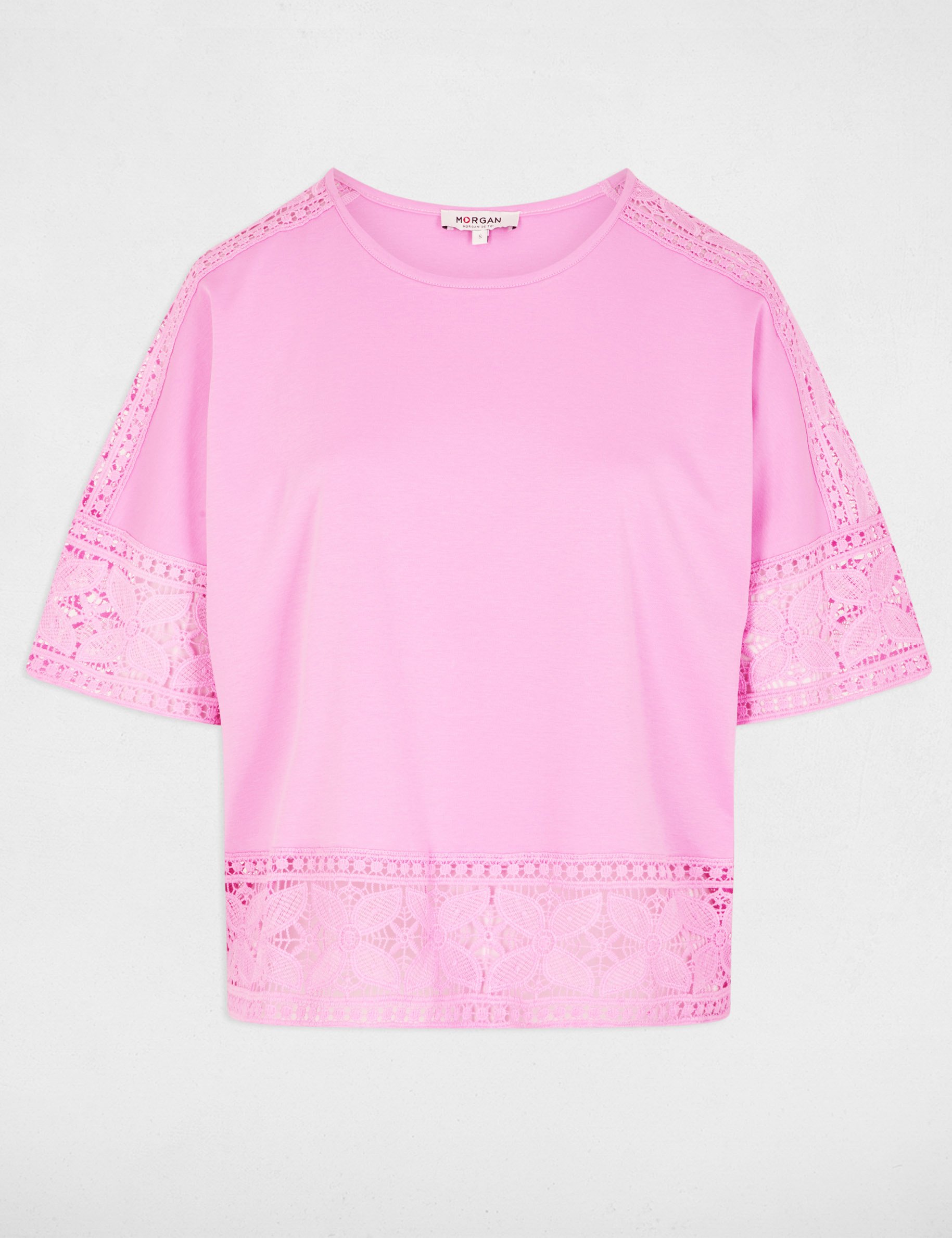 T-shirt dentelle col rond rose femme