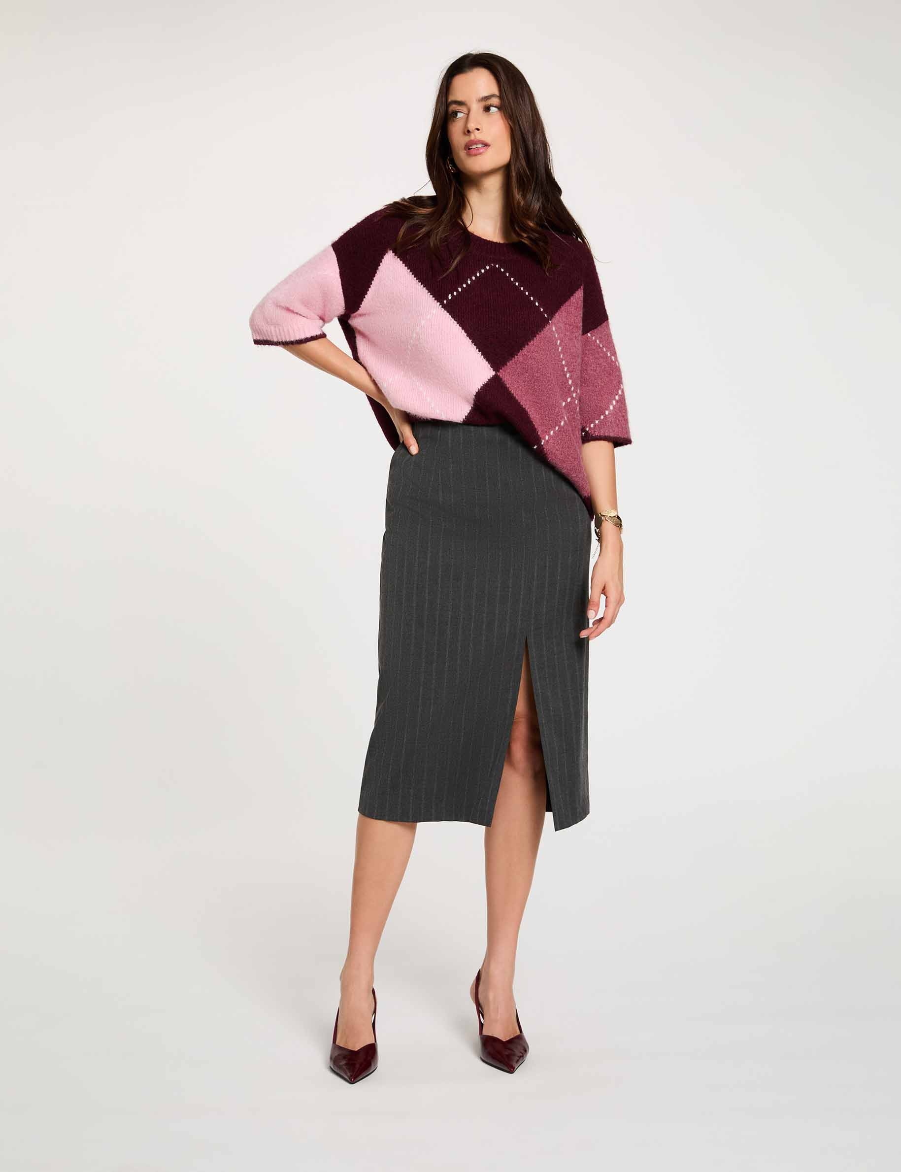 Jacquard trui met ronde hals pruim vrouw