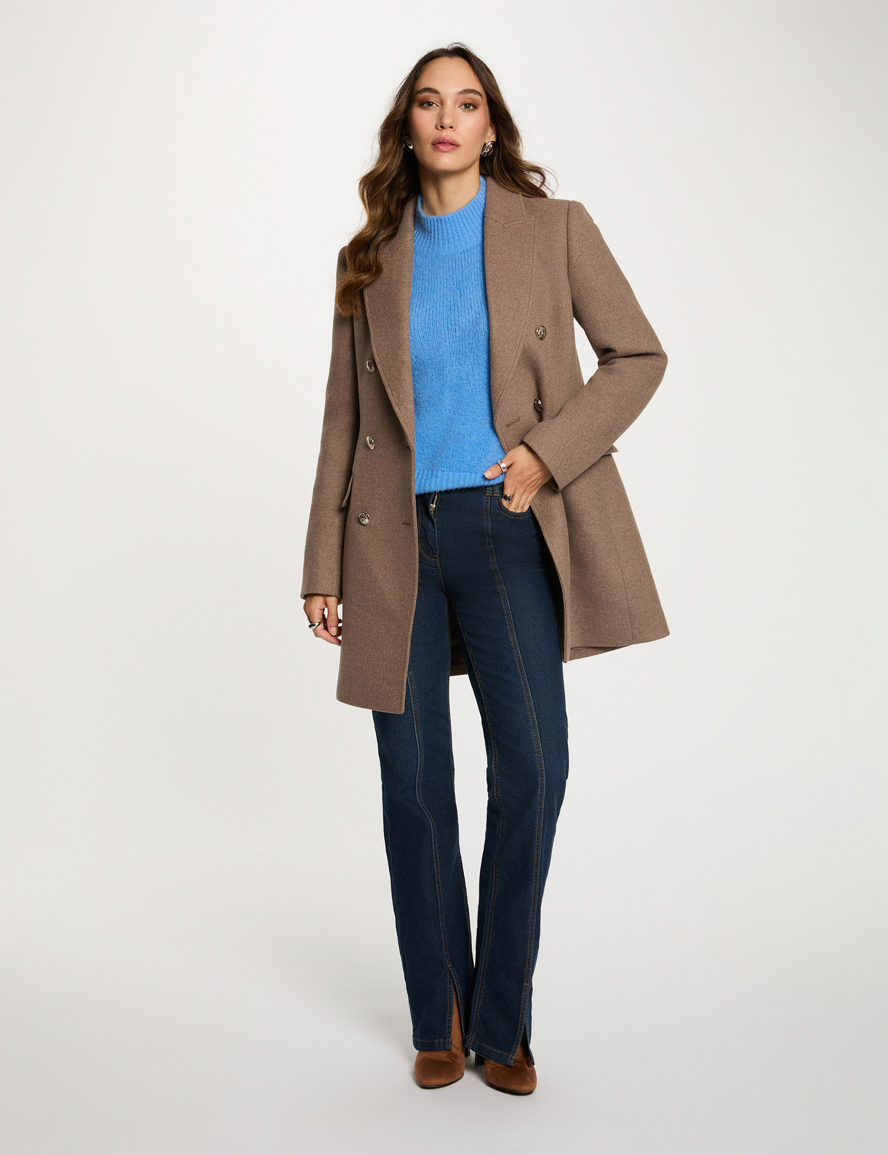 manteau mi long avec boutons taupe femme Manteau mi-long avec boutons taupe femme