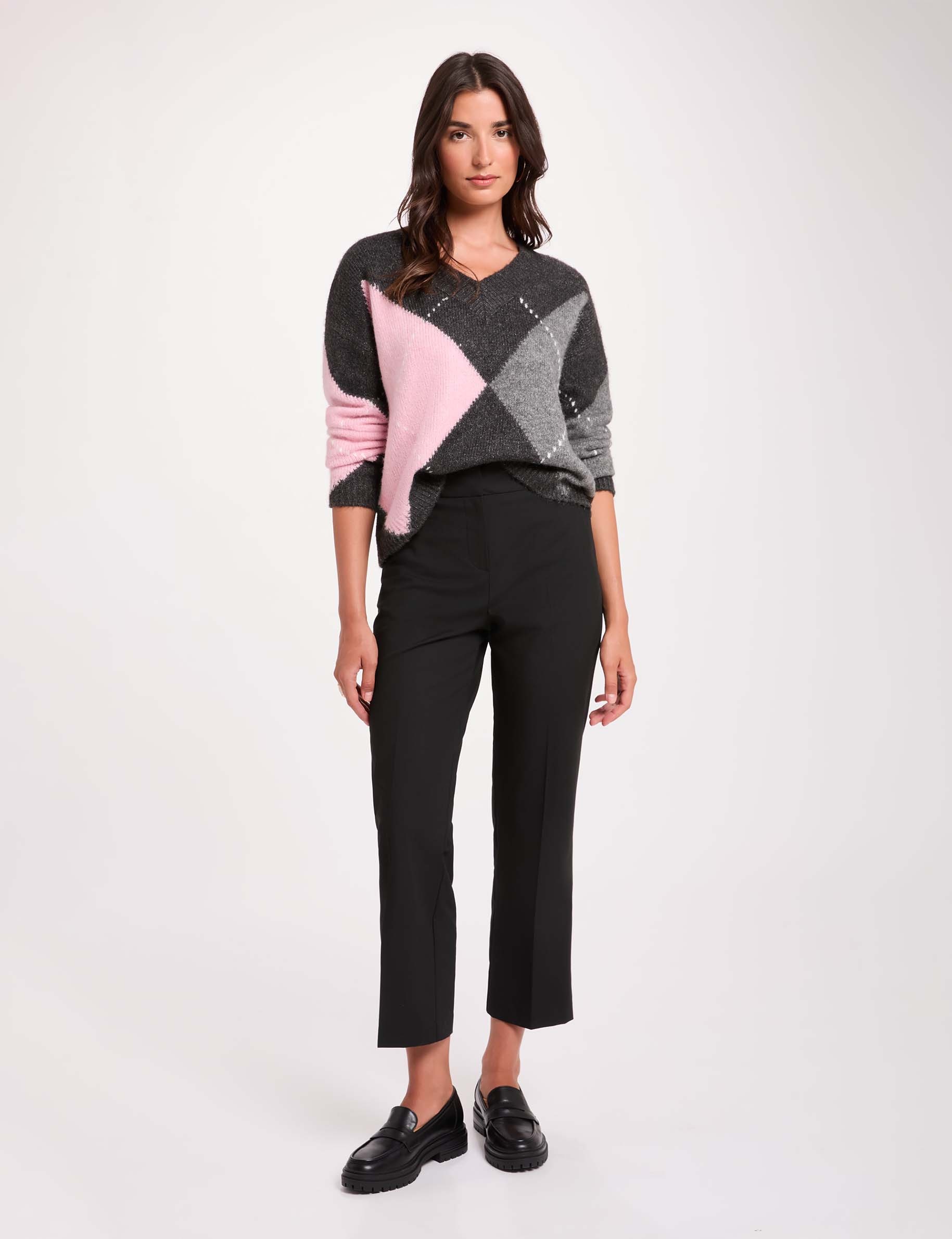Jacquard trui met V-hals donkergrijs vrouw