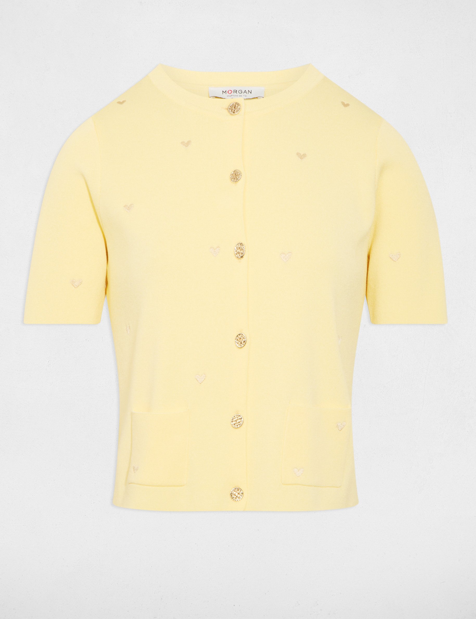 Gilet court col rond jaune pastel femme