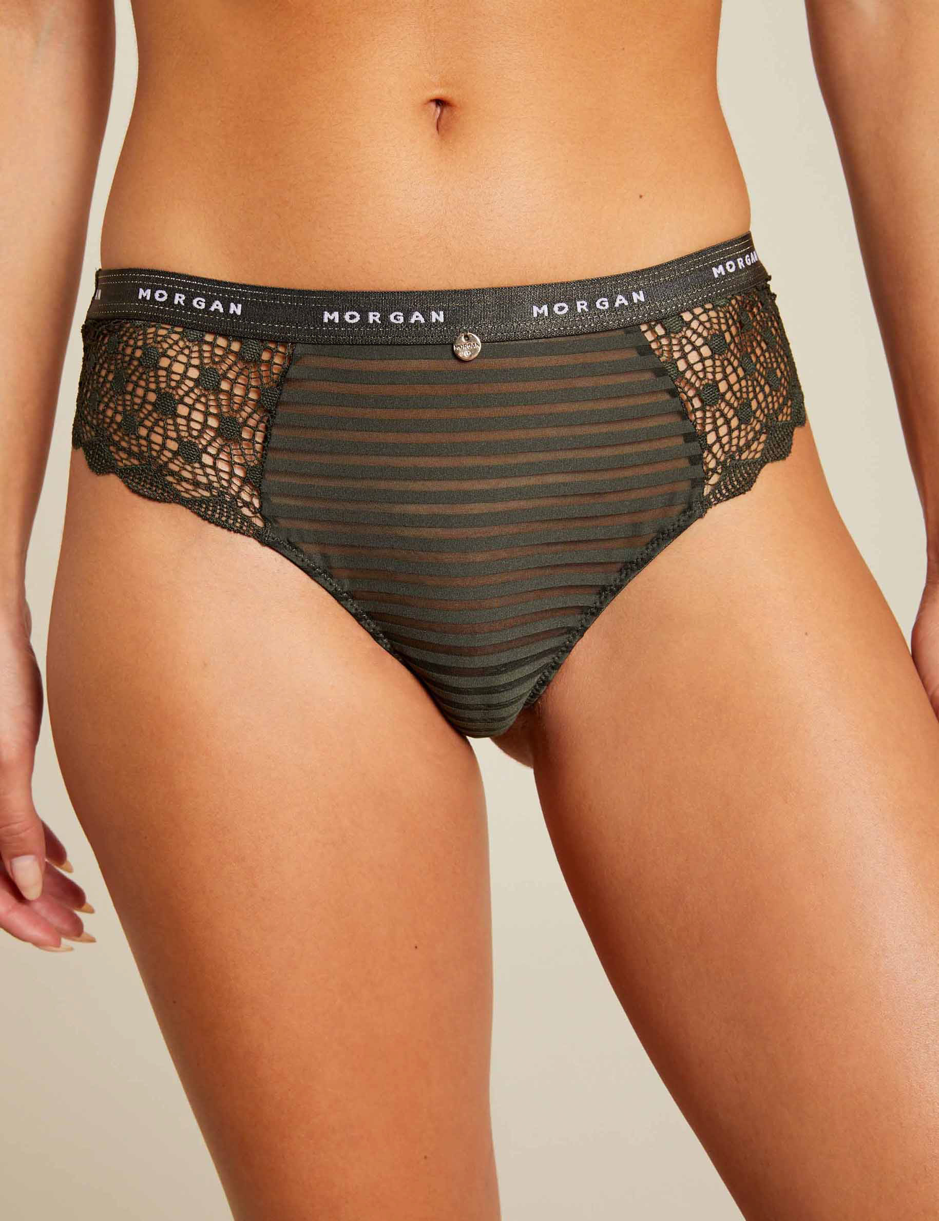 Shorty string dentelle vert kaki femme