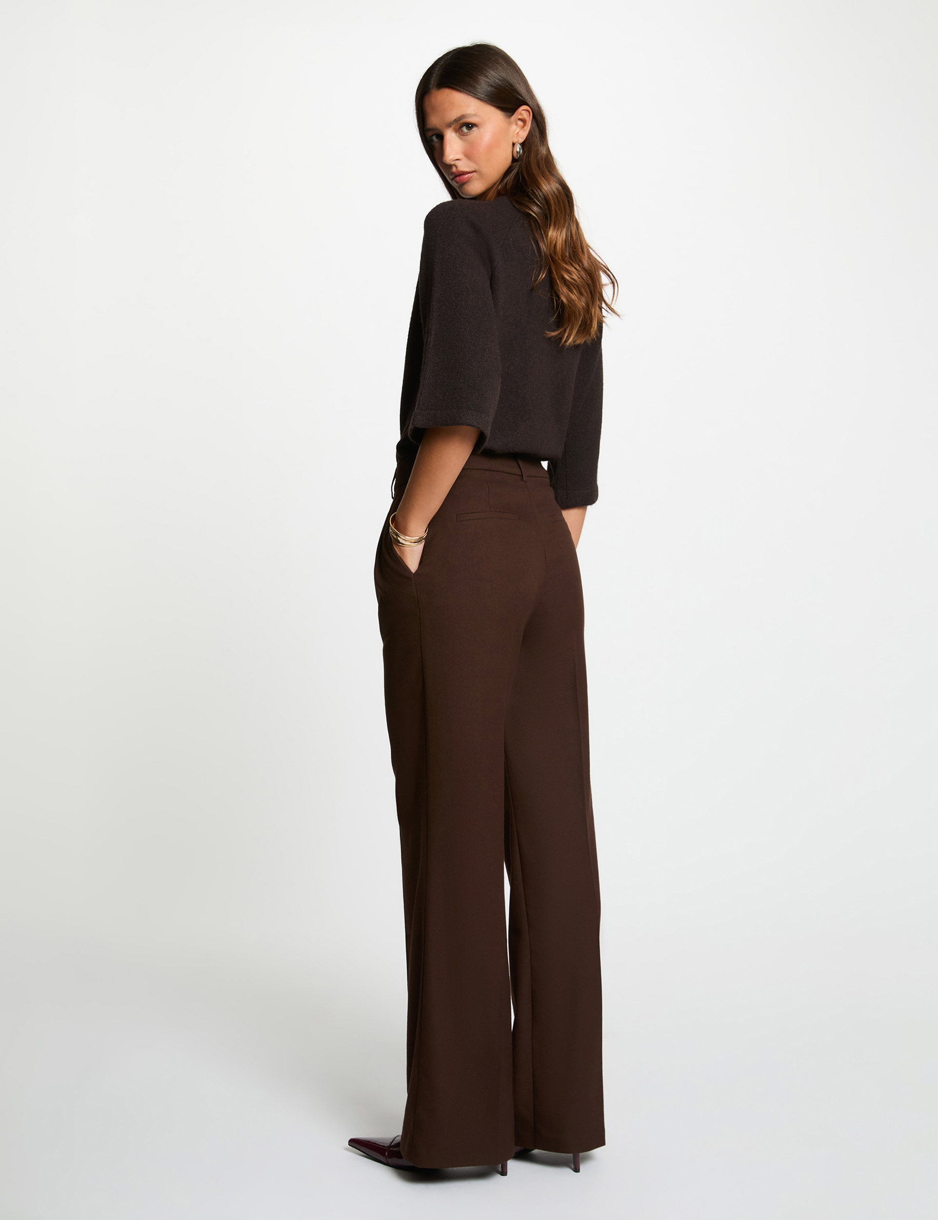 pantalon large taille haute marron fonce femme Pantalon large taille haute marron foncé femme