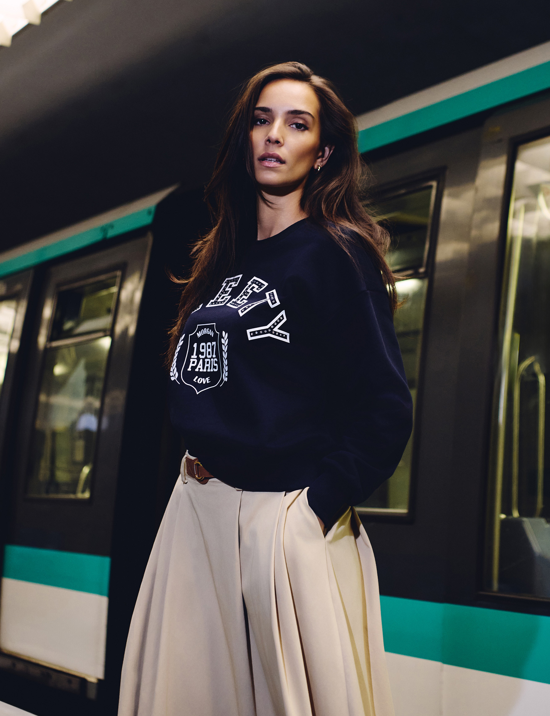 Sweat col rond imprimé bleu marine femme