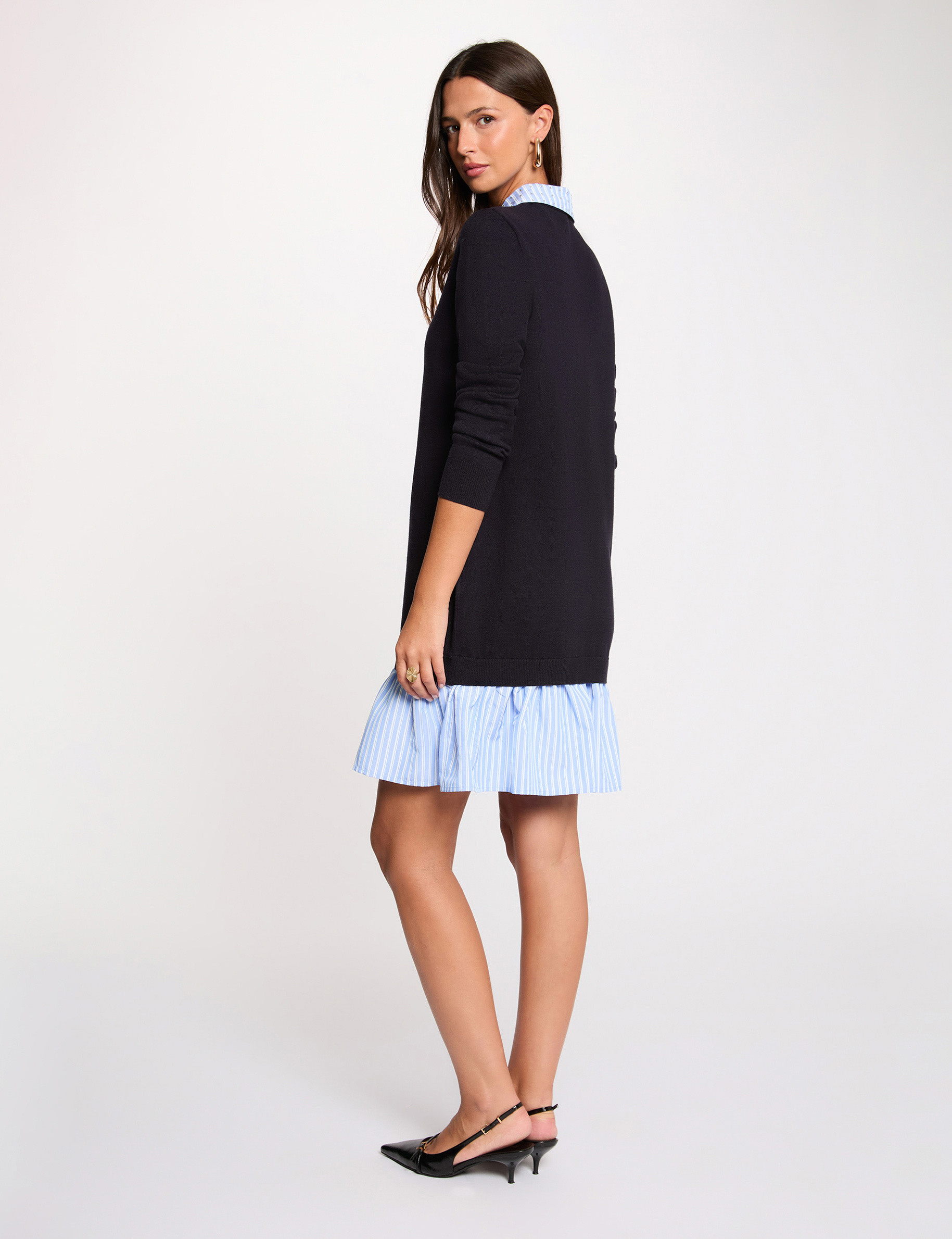 Robe tricot col &agrave; revers bleu marine femme