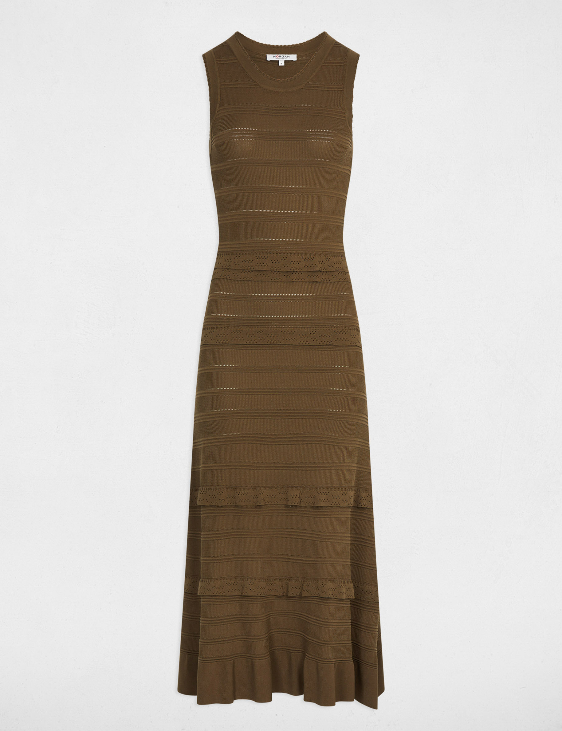 Robe tricot longue cintr&eacute;e vert kaki femme