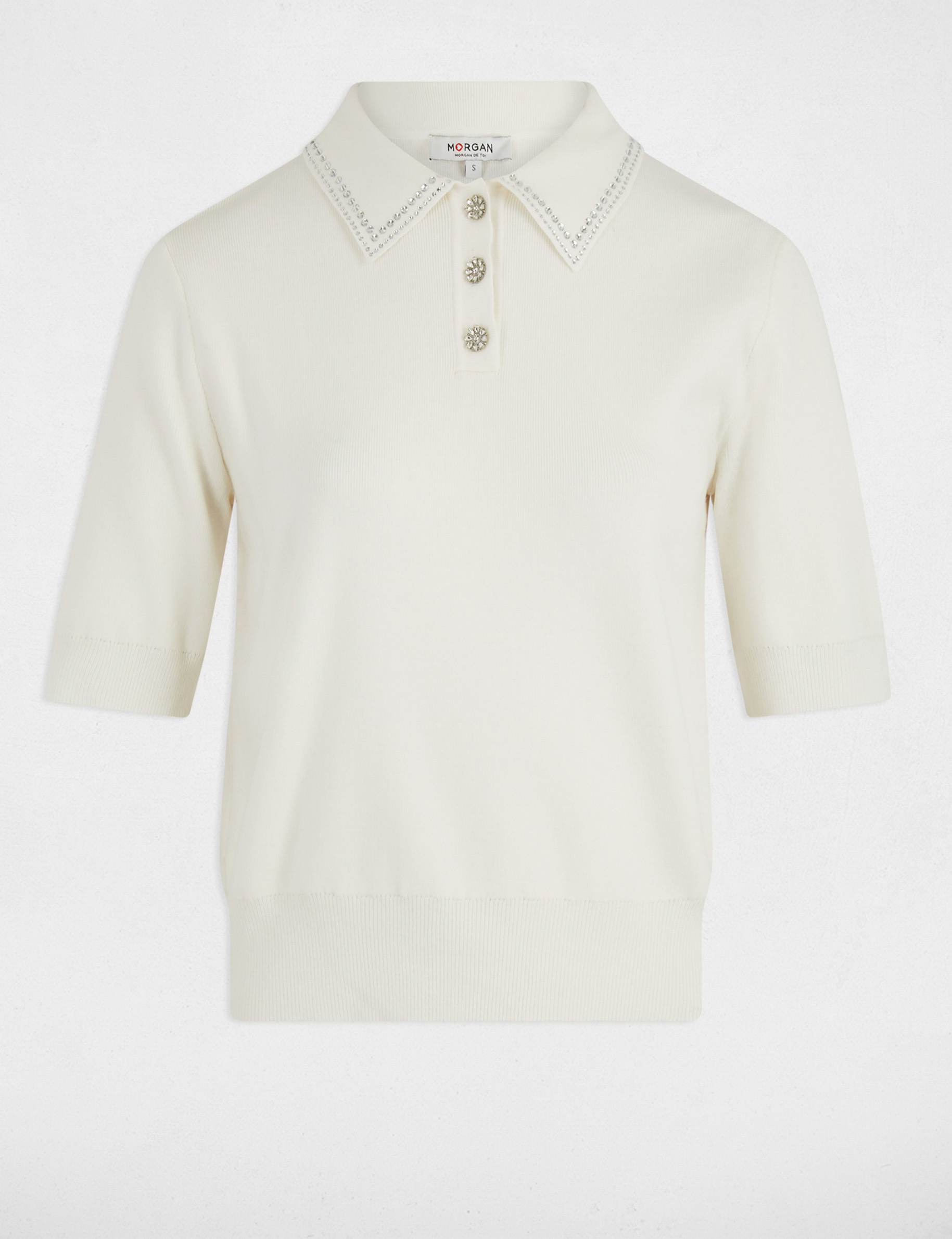 Pull ajusté col polo ecru femme