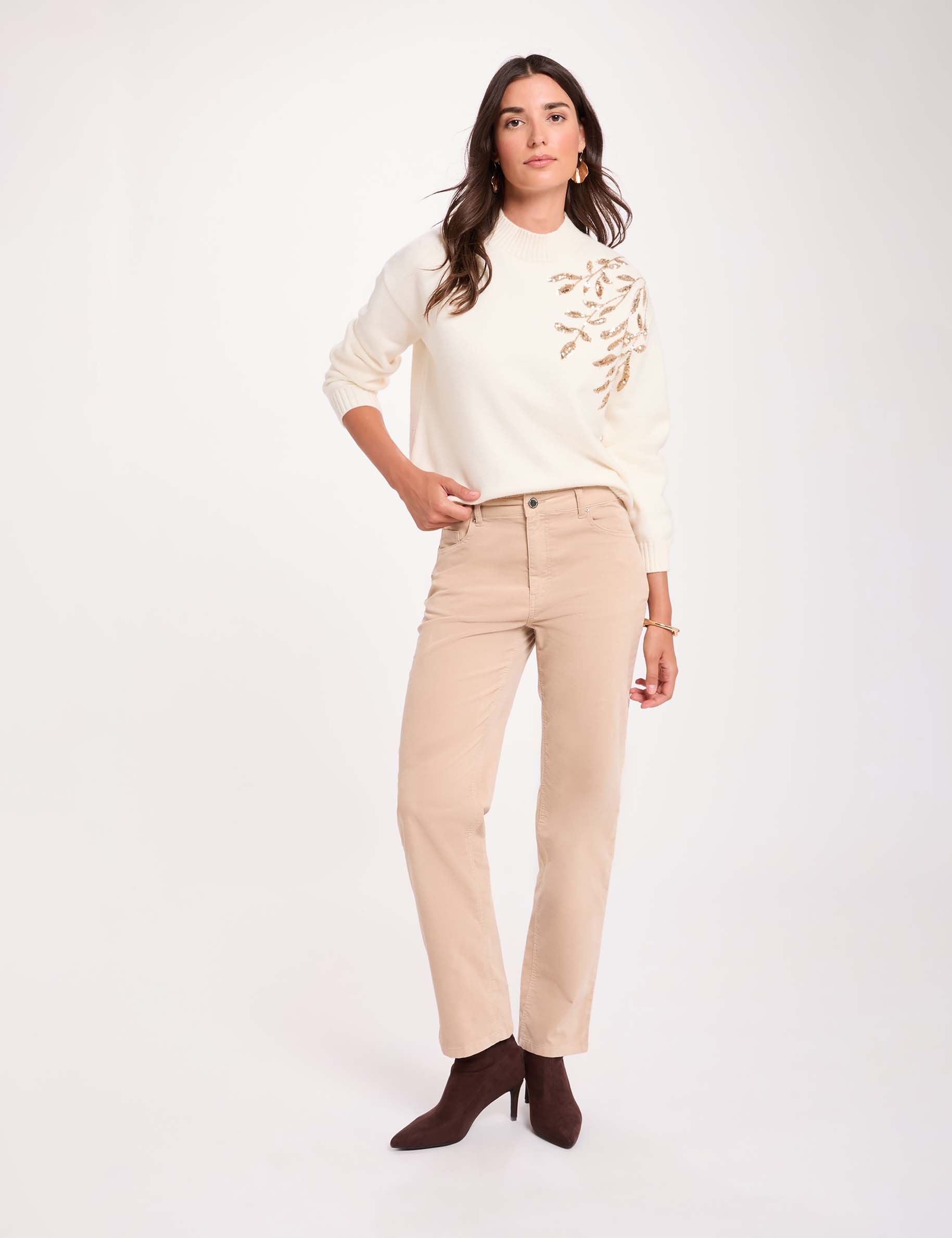 Pantalon droit taille haute ecru femme