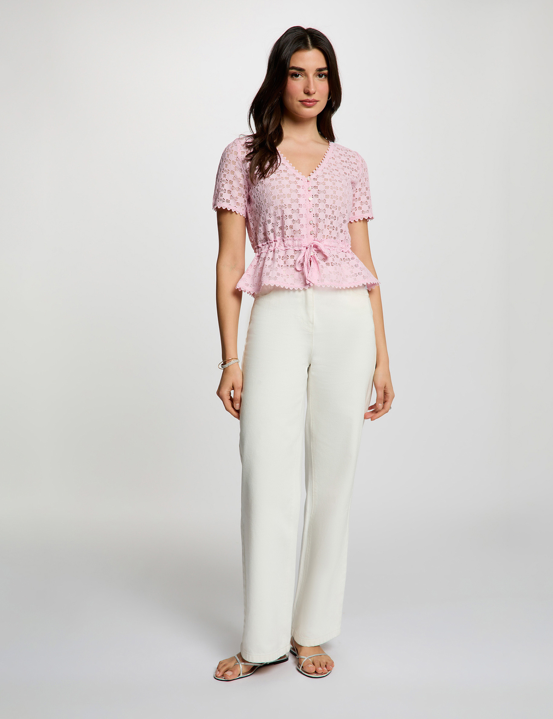 T-shirt korte mouwen van kant roze vrouw