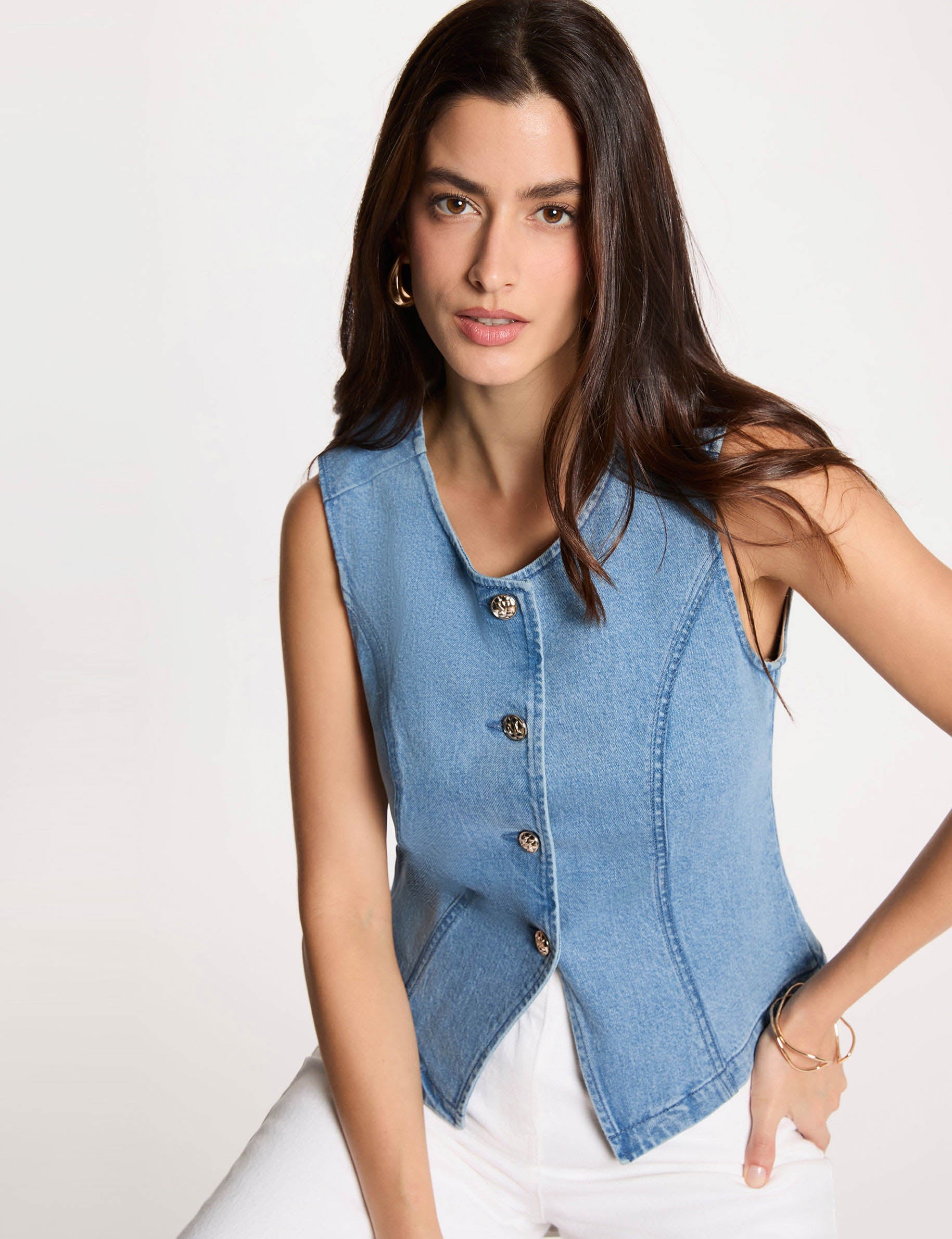 Mouwloos vest dubbel stone washed denim vrouw