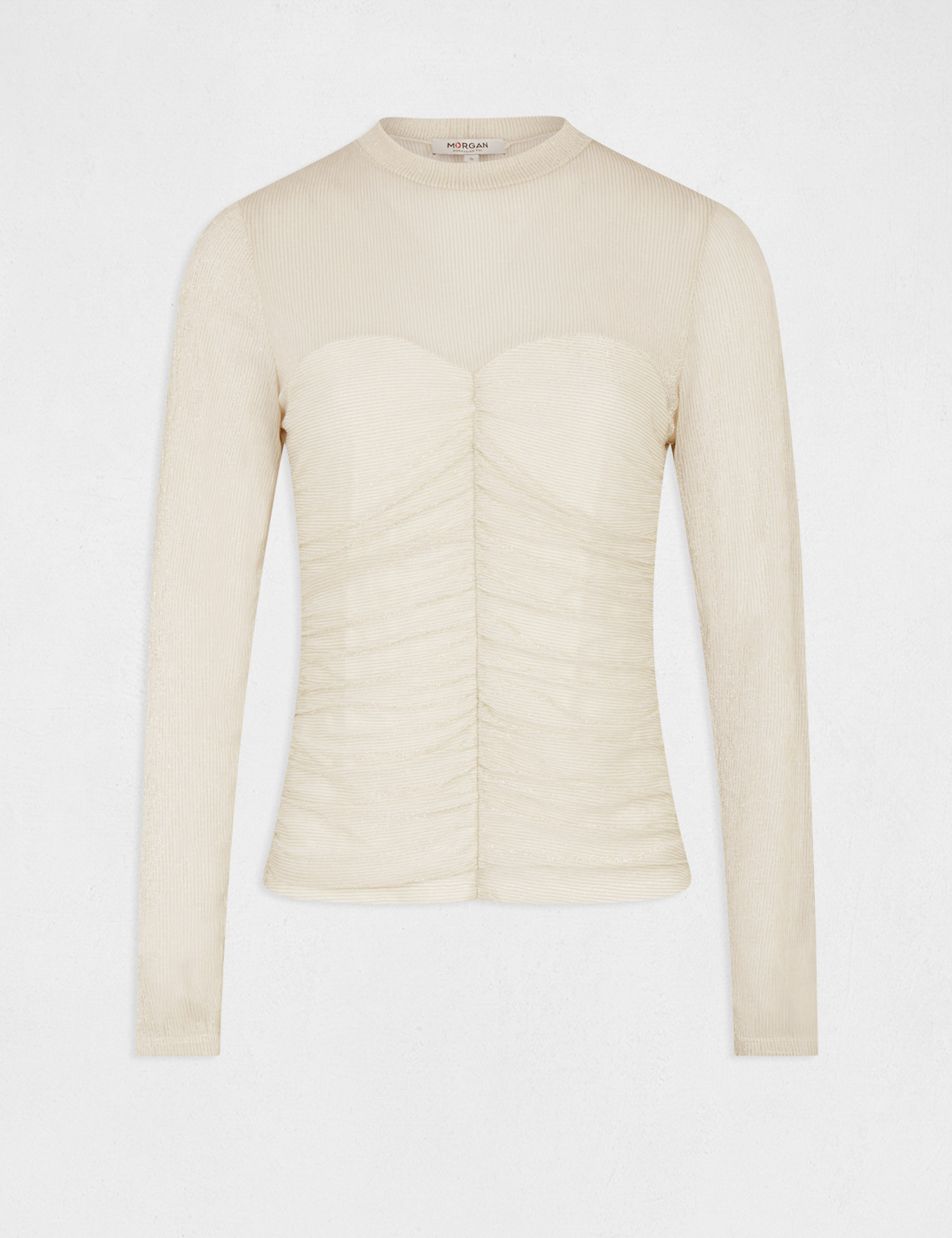t shirt manches longues a fronces ivoire femme T-shirt manches longues à fronces ivoire femme